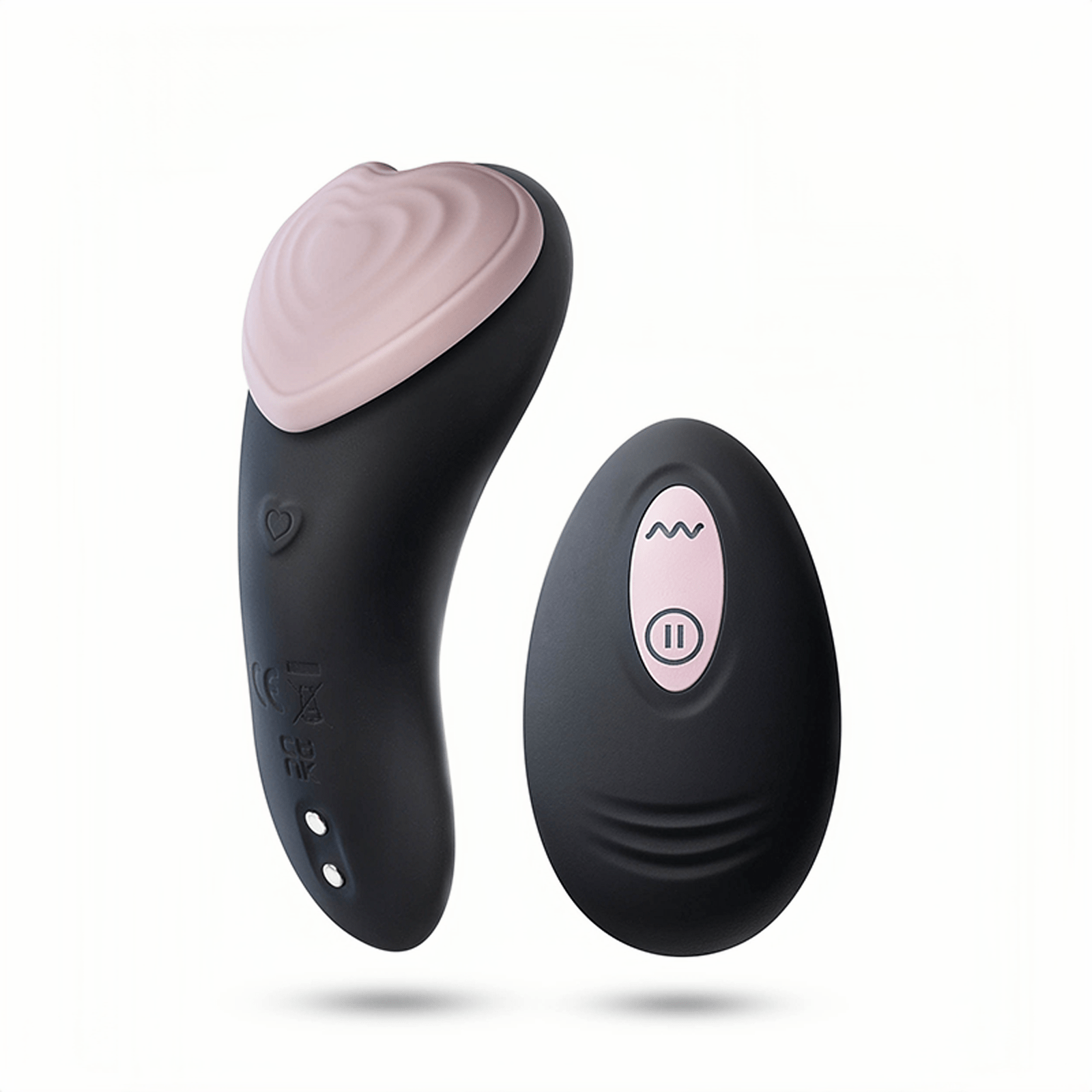 
The Blush heartbeat wearable vibrator is displayed. It's palm-sized at 85×42×38mm and made of platinum-cured silicone, providing a skin-friendly, safe, and nude feel.