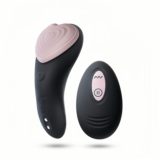 
The Blush heartbeat wearable vibrator is displayed. It's palm-sized at 85×42×38mm and made of platinum-cured silicone, providing a skin-friendly, safe, and nude feel.