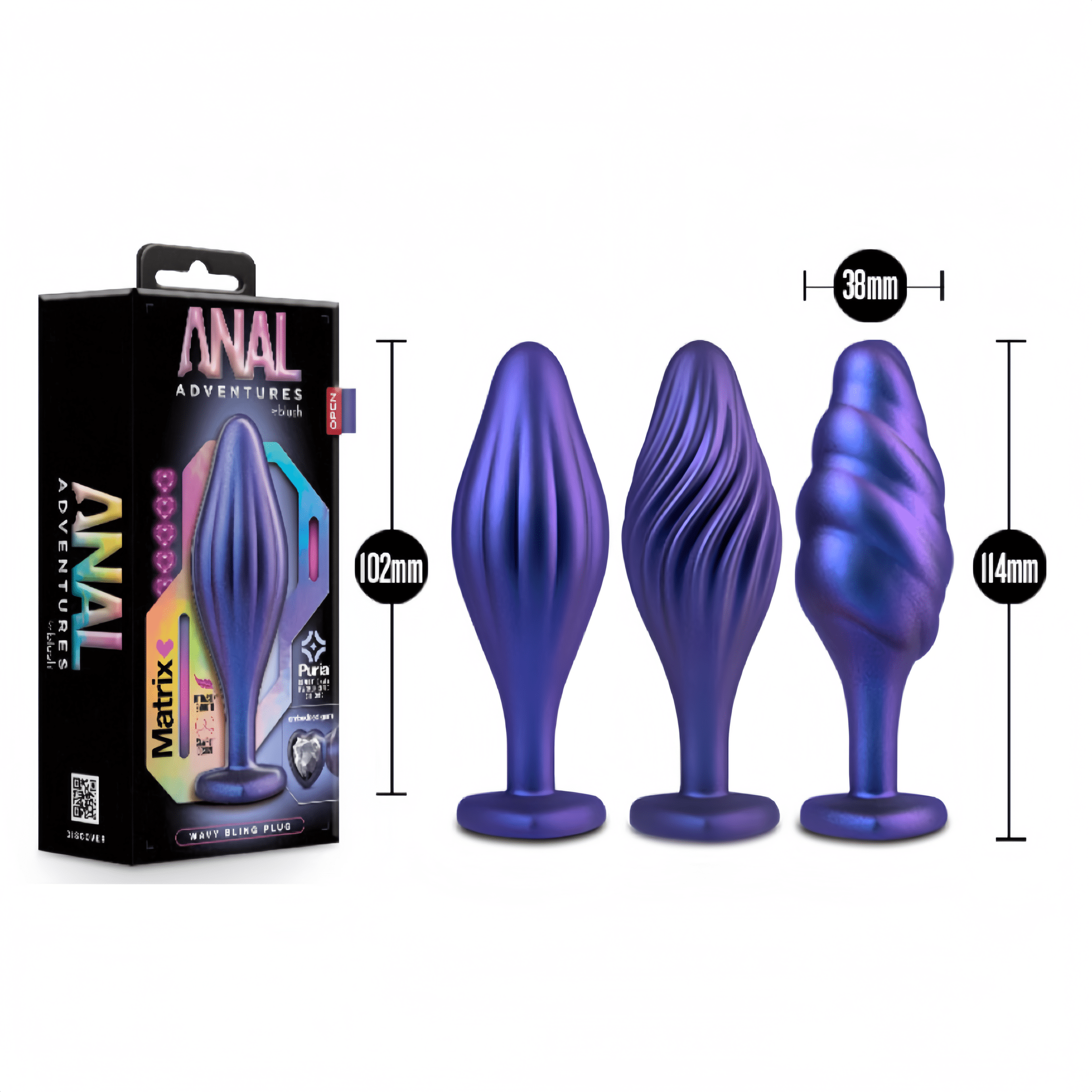 The Blush Apollo Spiral Anal Beads Earl Blue model is shown. Made of platinum-cured silicone with an Ultrasilk® coating for a smooth, satin-like finish.