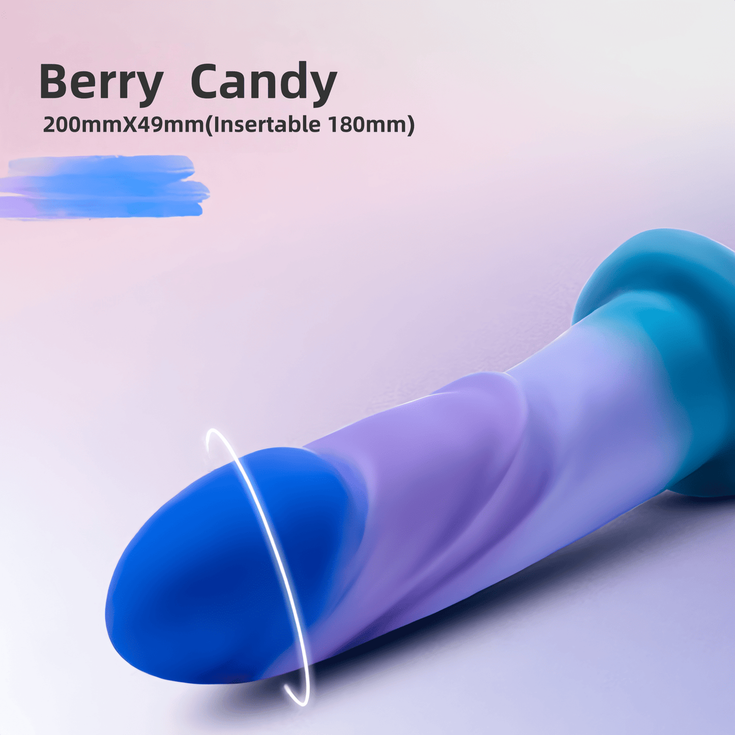 Blush Candy model close-up: 200mm in total length x 49mm in diameter, 180mm penetration depth, and a straight, sturdy design for direct prostate stimulation.