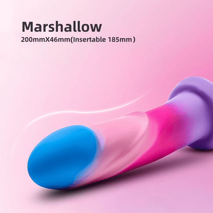 Close-up of the cotton candy model: 200mm in total length x 46mm in diameter, with an insertion depth of 185mm. The large, curved tip provides a comfortable fit for vaginal delivery.