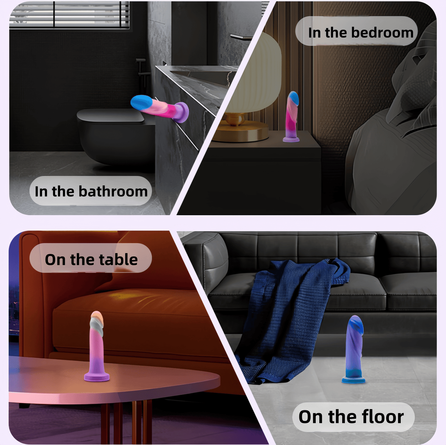 Demonstrates the suction cup base, allowing for hands-free attachment to desktops, walls, and other surfaces.
