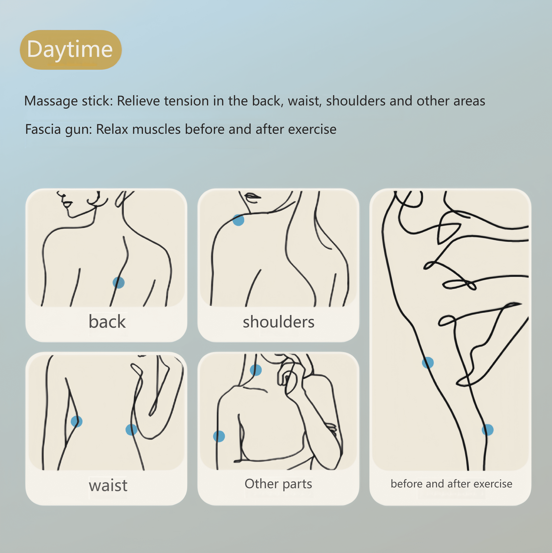 Daytime use: Use as a massager to relieve shoulder, neck, and back fatigue.