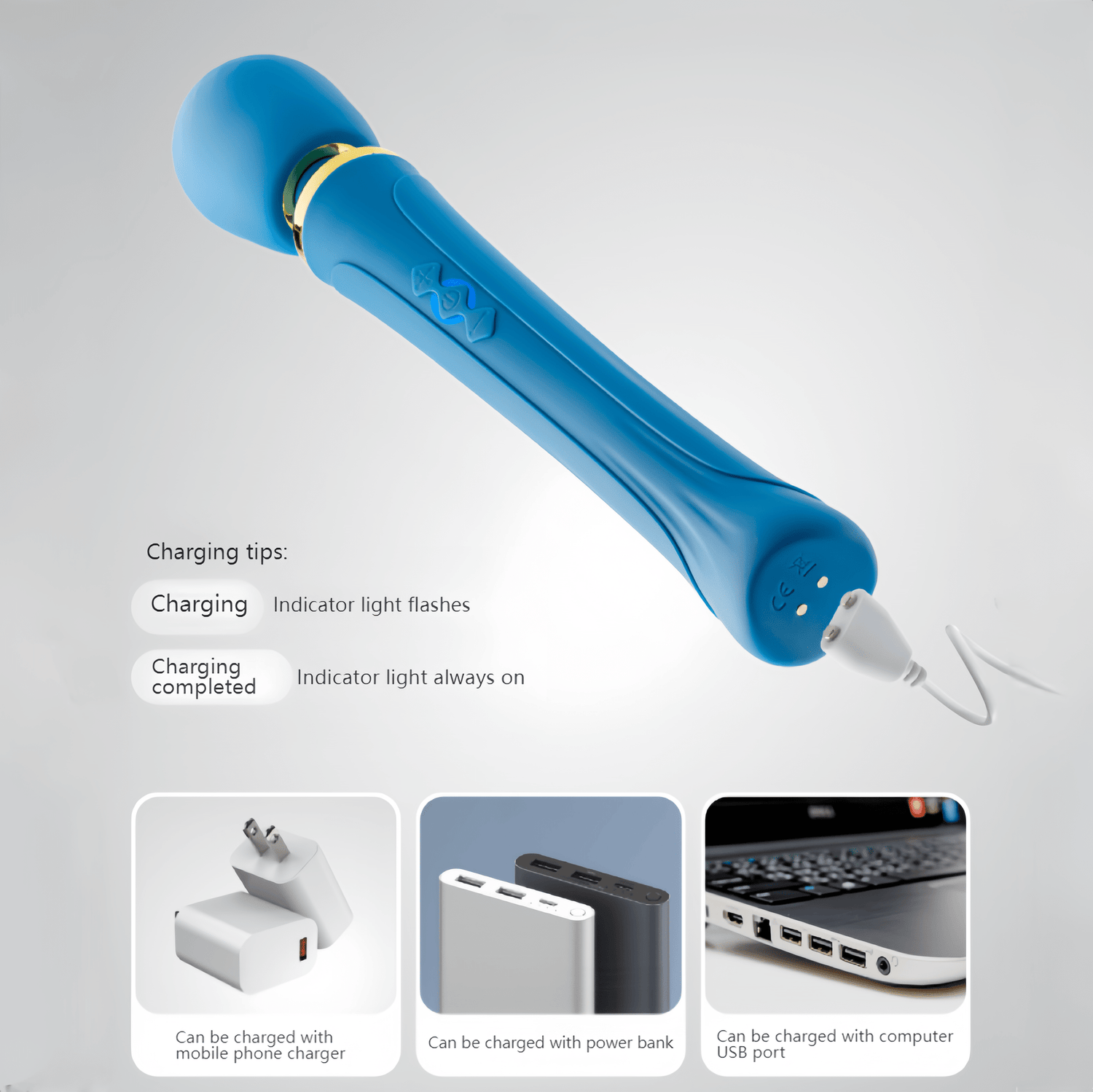 Magnetic charging demonstration, compatible with USB ports, power banks, and computers.