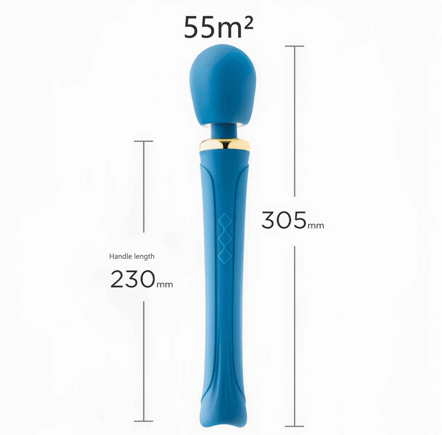 The blue model of the BLUSH Fairy Wand PRO Multifunctional Vibrating Massager is shown. It has a total length of 305mm and is seamlessly encased in platinum-cured silicone.