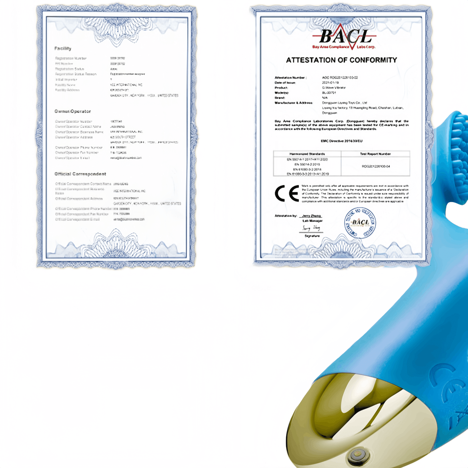 FDA and CE certifications showcase the platinum silicone material, which is chemically irritating.