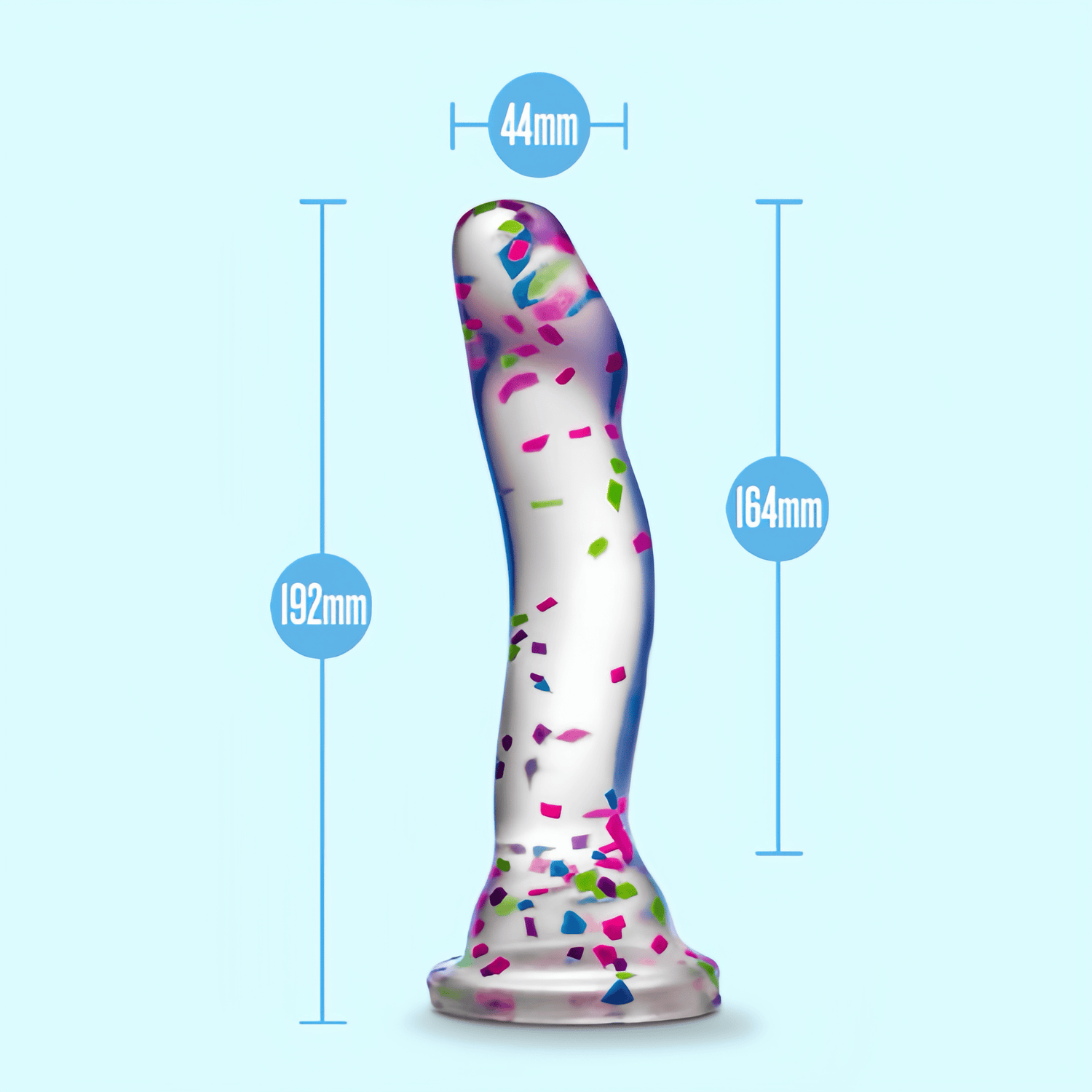The Blush Night Gods Scepter Luminous Butt Plug is shown. It has a total length of 192mm, a diameter of 44mm at the insertion end, and a base diameter of 64mm. It is made of platinum-cured liquid silicone and is FDA-certified for food grade.