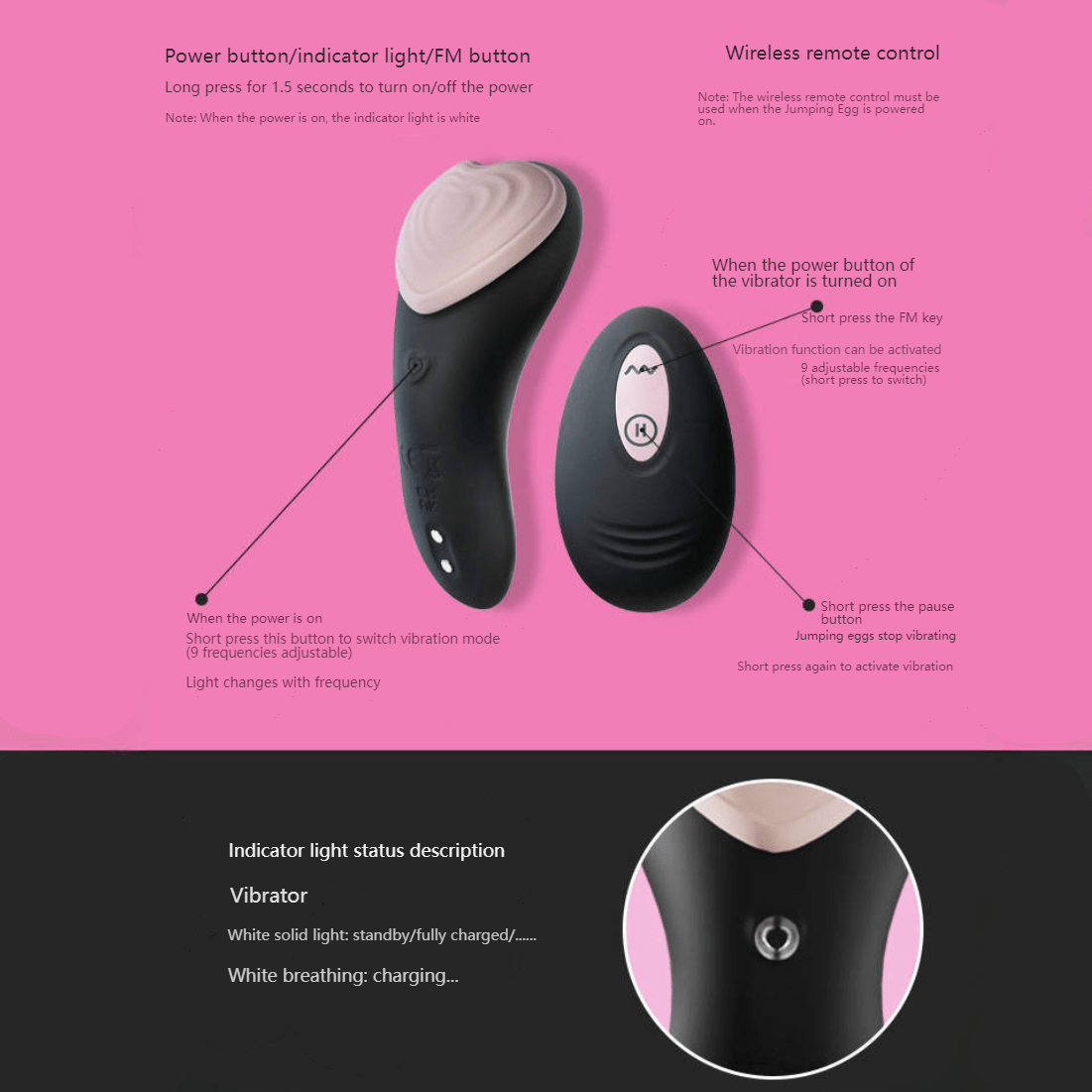 Close-up of control buttons: Power, FM, and Pause.