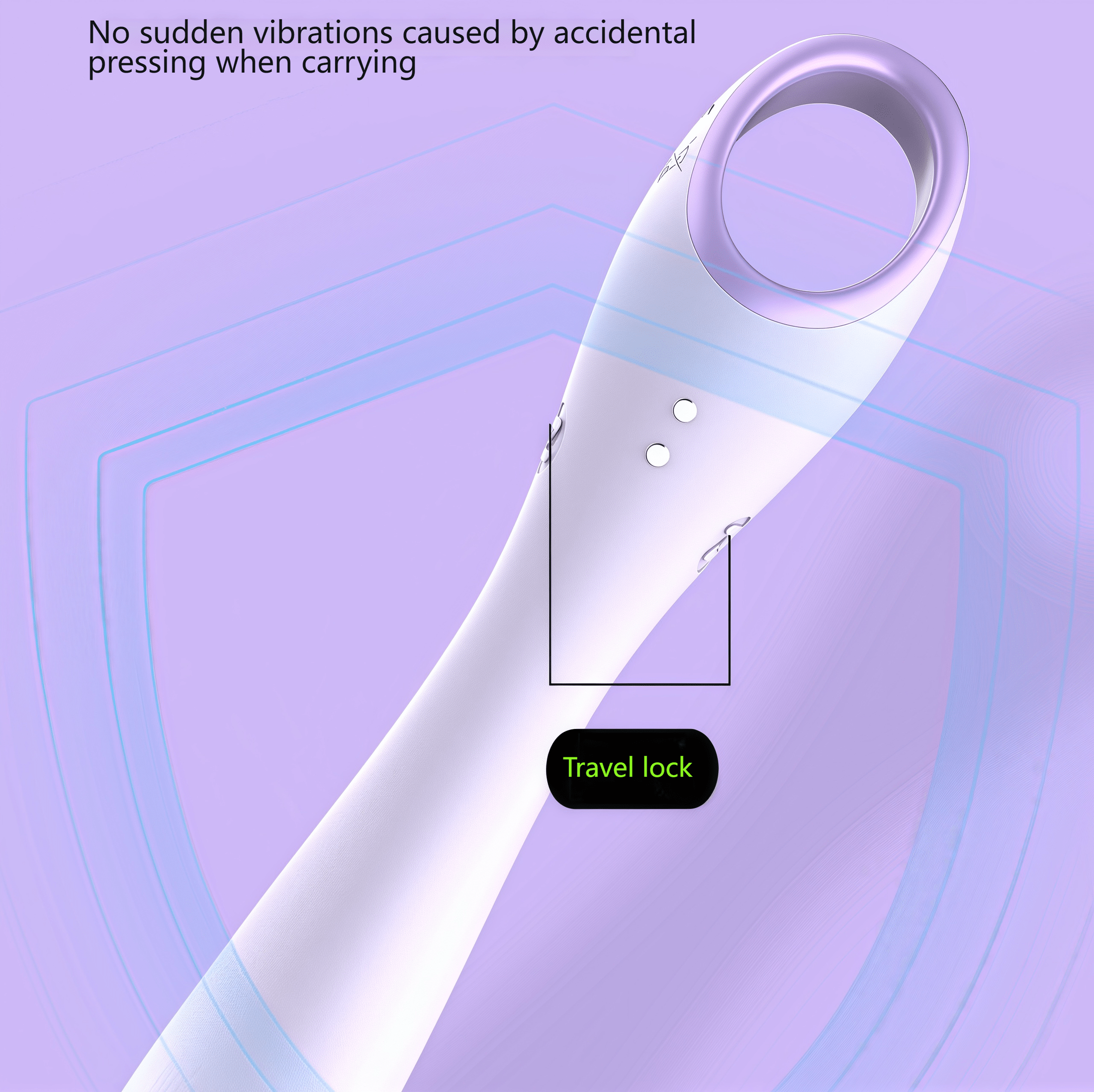 Travel lock function demonstration: Press and hold both sides for 2 seconds to lock, preventing accidental touches and ensuring travel security.