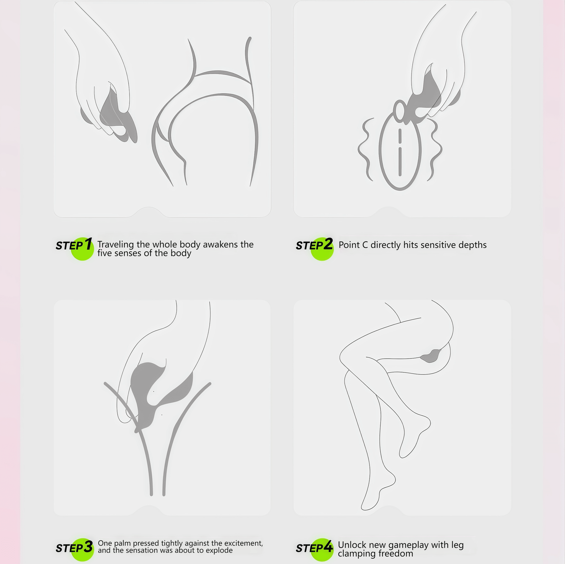 Includes a tutorial on various techniques: four-step movements, including full-body movements and C-spot stimulation.