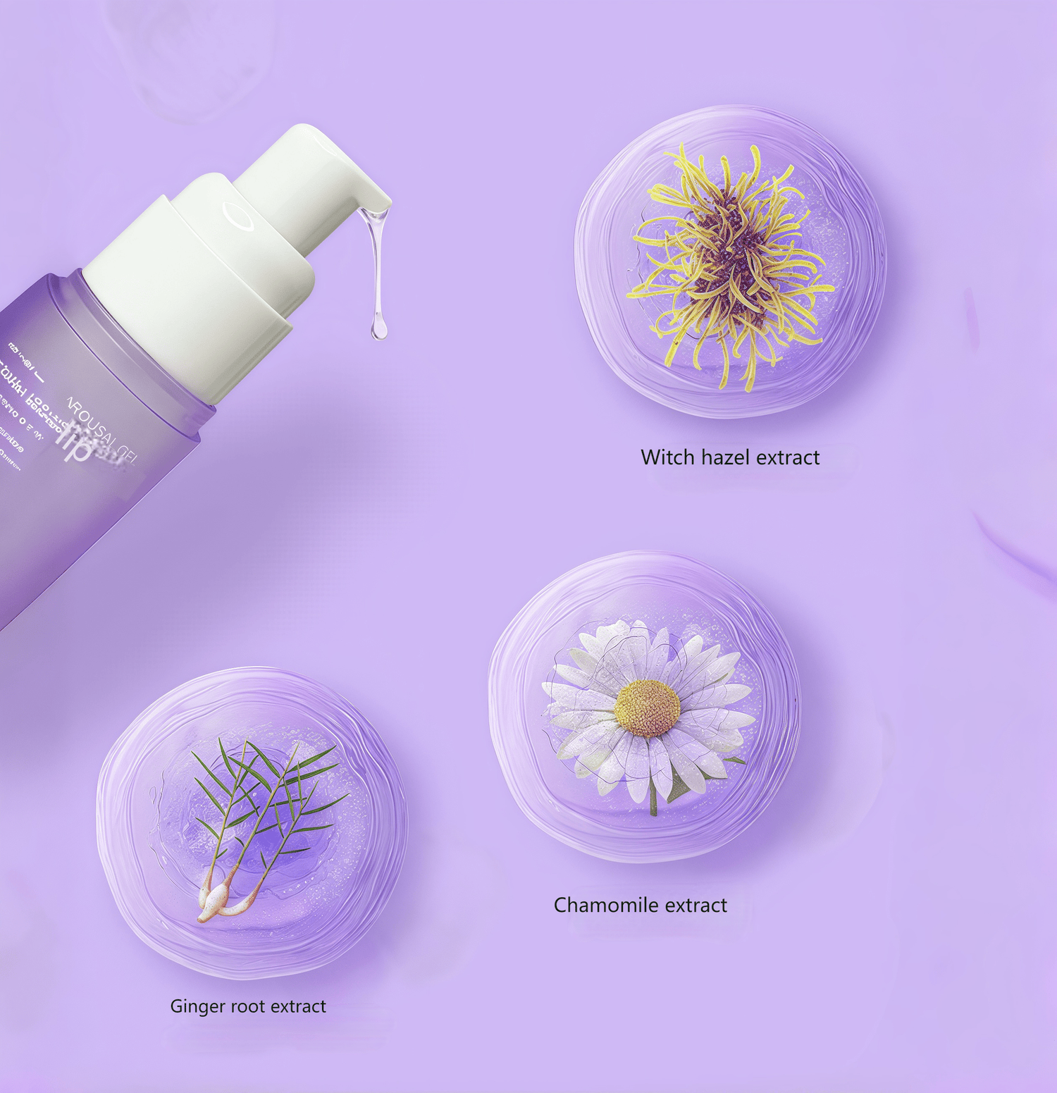 Key ingredients: Ginger root extract, witch hazel extract, chamomile extract, sodium hyaluronate, purified water