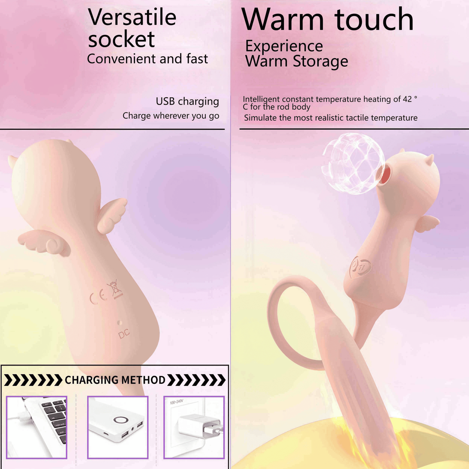 USB universal charging port demonstration, compatible with power banks, computers, and other devices. 42°C constant temperature heating function demonstration, with the wand intelligently heating up to simulate real body temperature.
