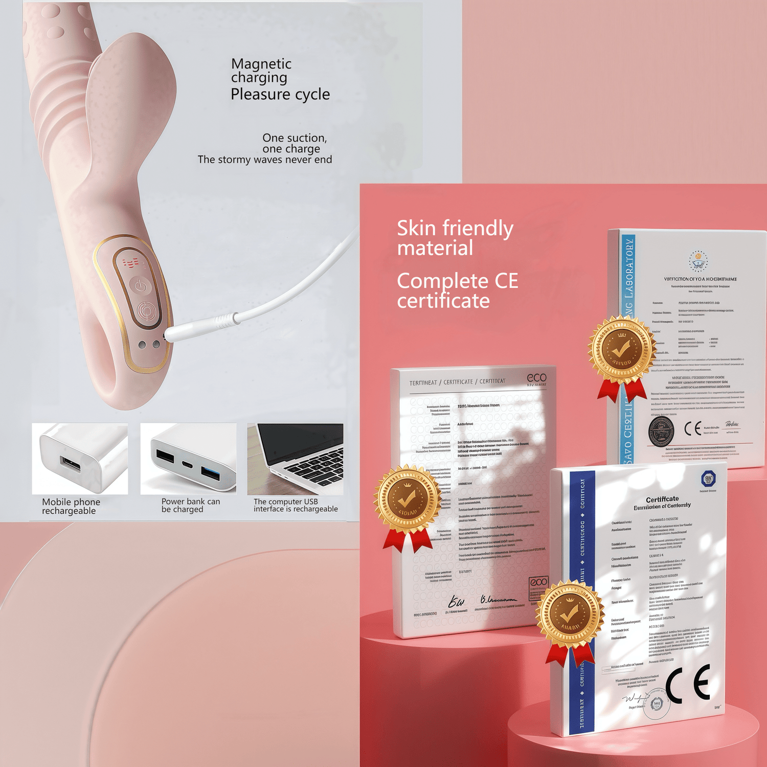 Close-up of food-grade silicone material certification and IPX6 waterproof certification, ensuring safety and quality.