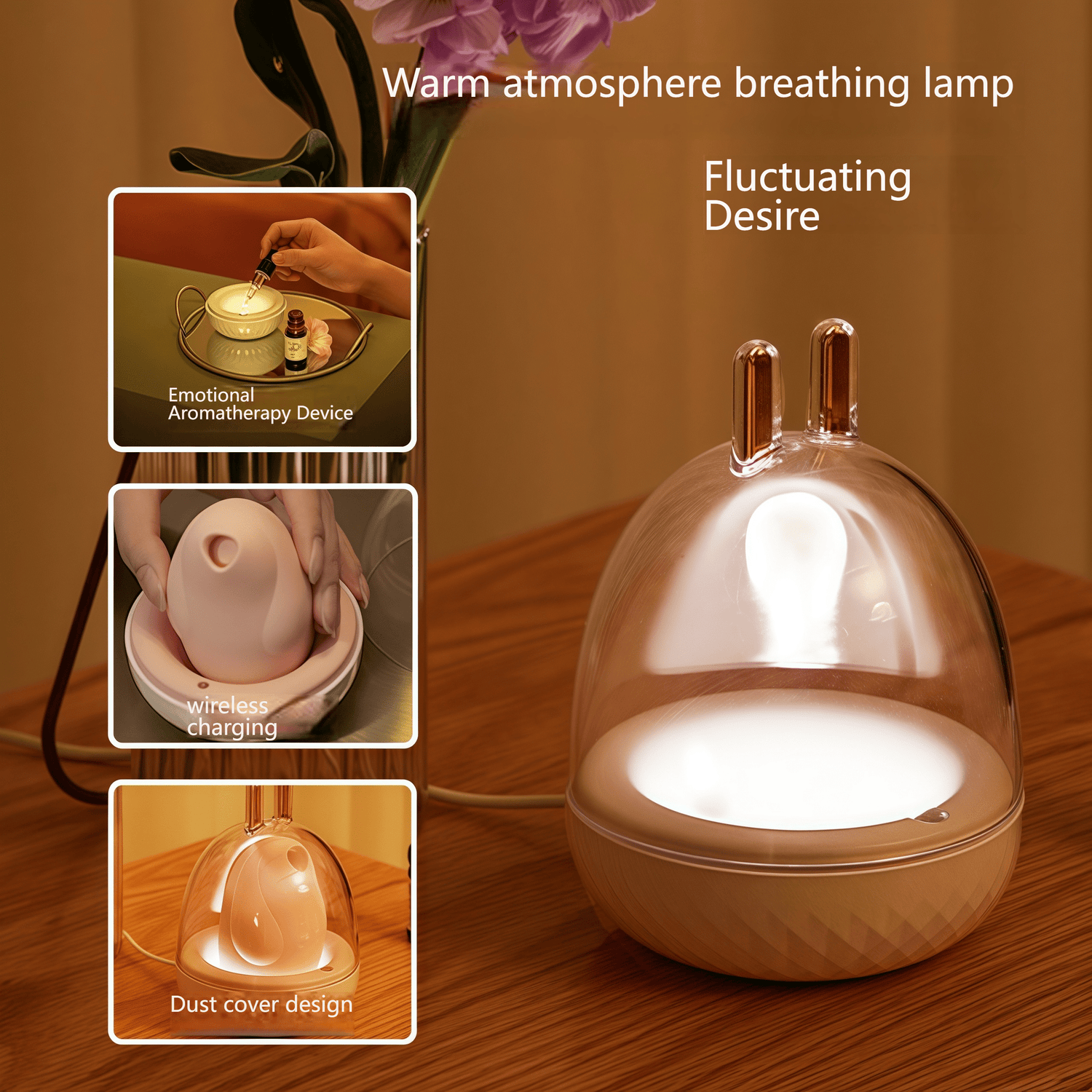 A close-up of the aromatherapy mood light charging base. It can be filled with 5-8 drops of essential oil to create a romantic and sensual atmosphere. It also has integrated dust-proof storage.