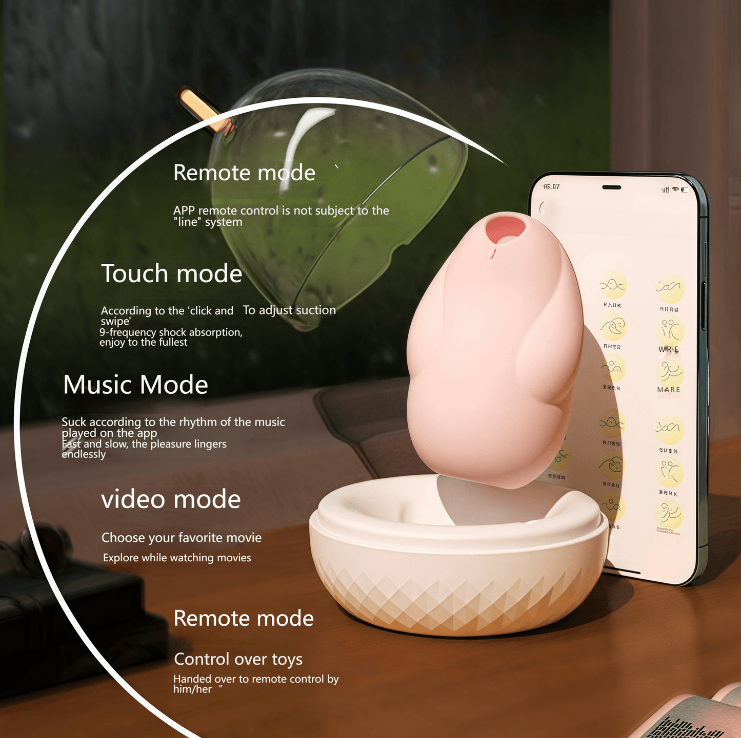 The mobile app allows remote control for long-distance couples, allowing them to share pleasure regardless of distance. The aromatherapy lamp creates a romantic atmosphere, combining the breathing light with the fragrance of essential oils in dimly lit environments.