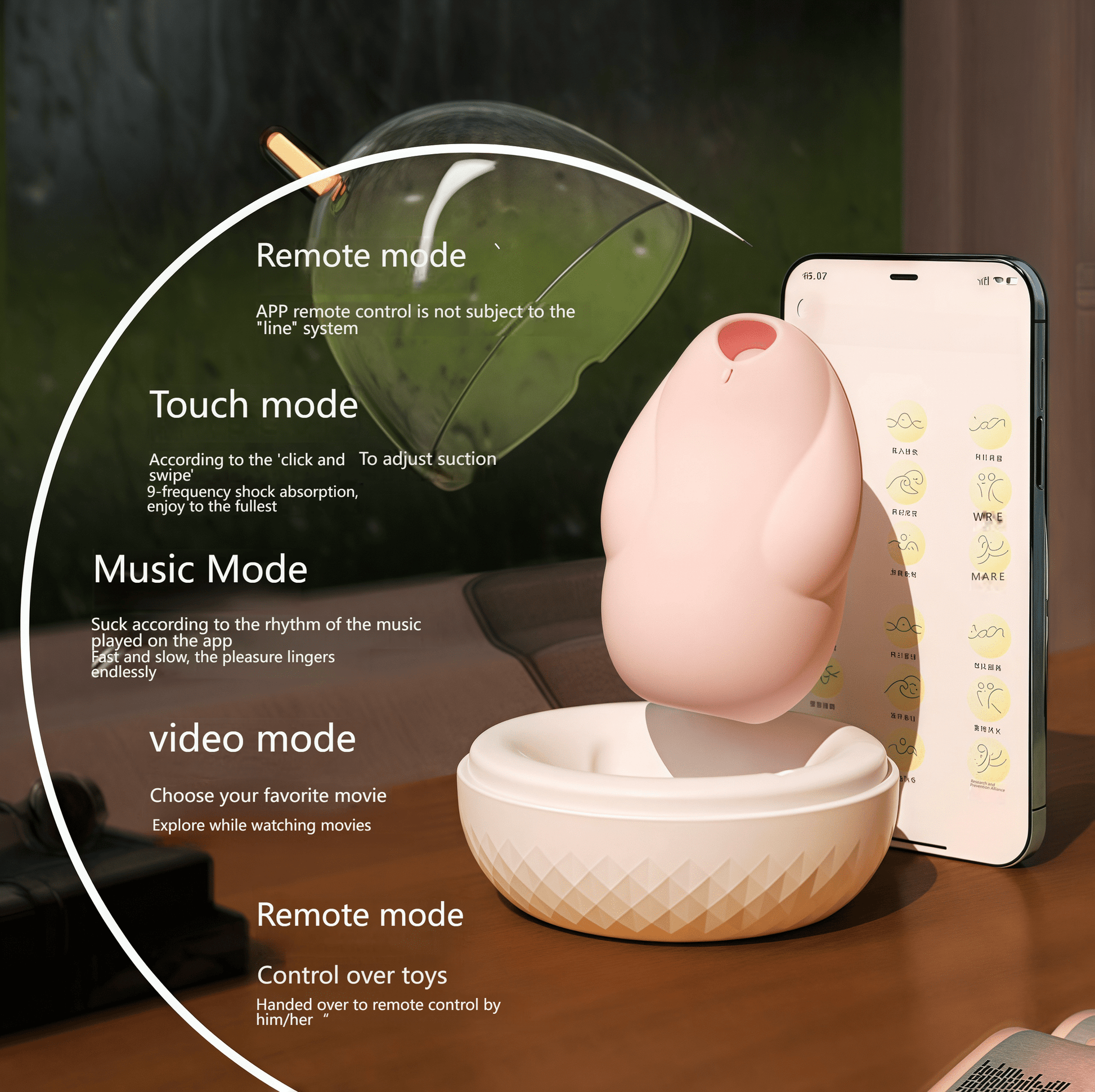 The mobile app allows remote control for long-distance couples, allowing them to share pleasure regardless of distance. The aromatherapy lamp creates a romantic atmosphere, combining the breathing light with the fragrance of essential oils in dimly lit environments.