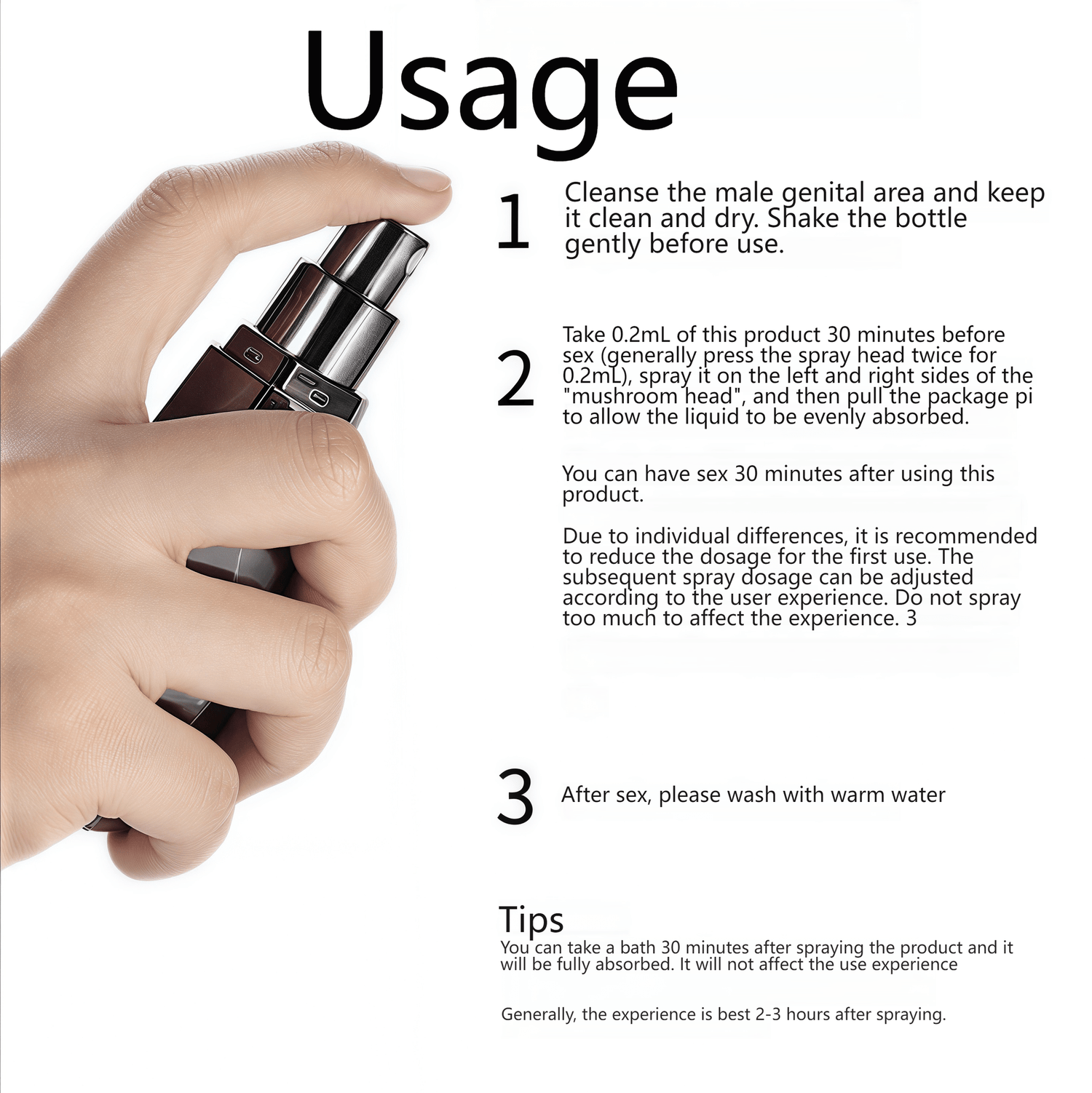 Demo: Press the nozzle twice (approximately 0.2 mL) and spray on the private area.