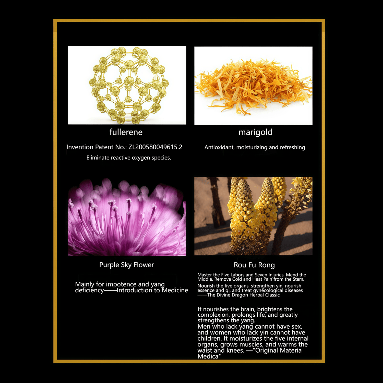 Botanical extract ingredients showcase: Calendula, Purple Cloud Flower, and Cistanche Deserticola, backed by traditional Chinese medicine texts