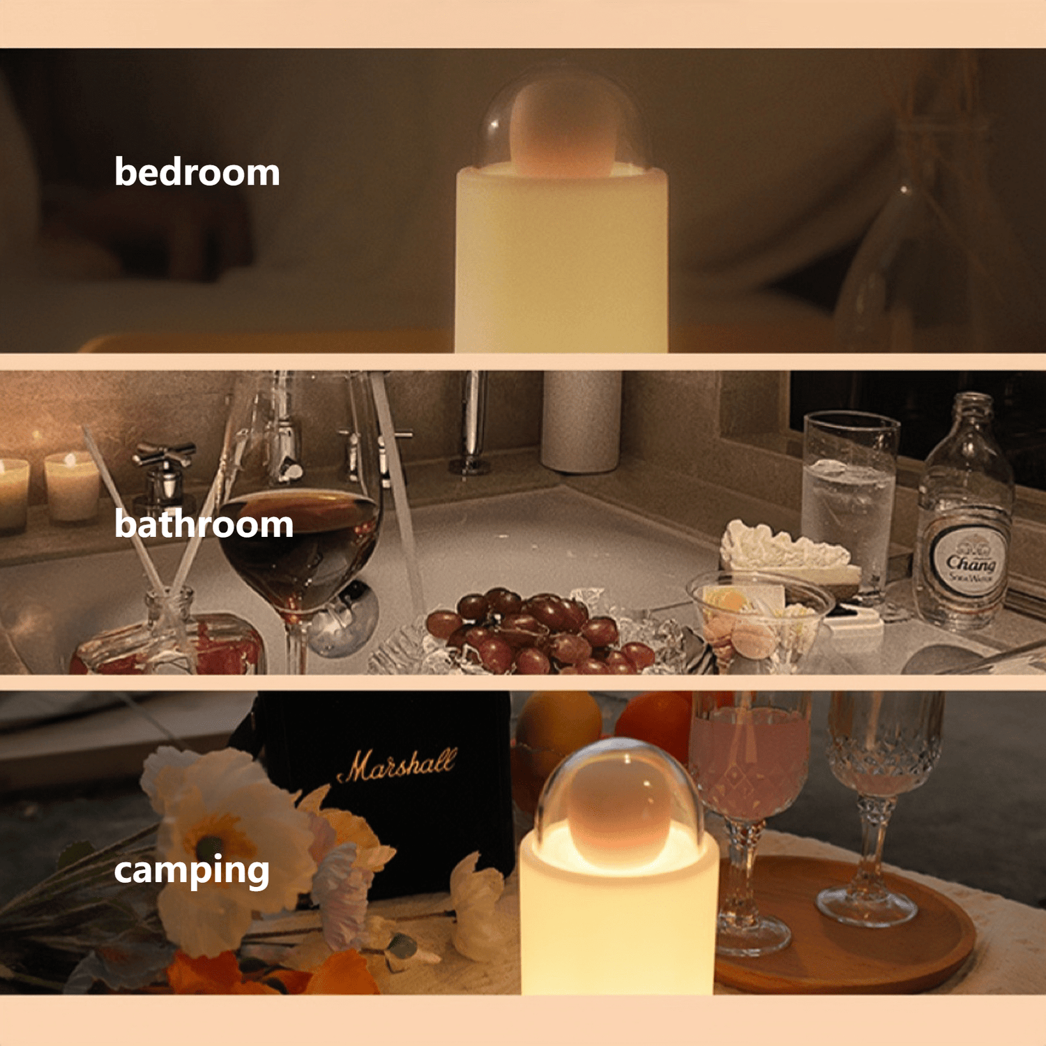 Multi-scenario diagram: suitable for bedroom, bathroom, camping, and other settings.