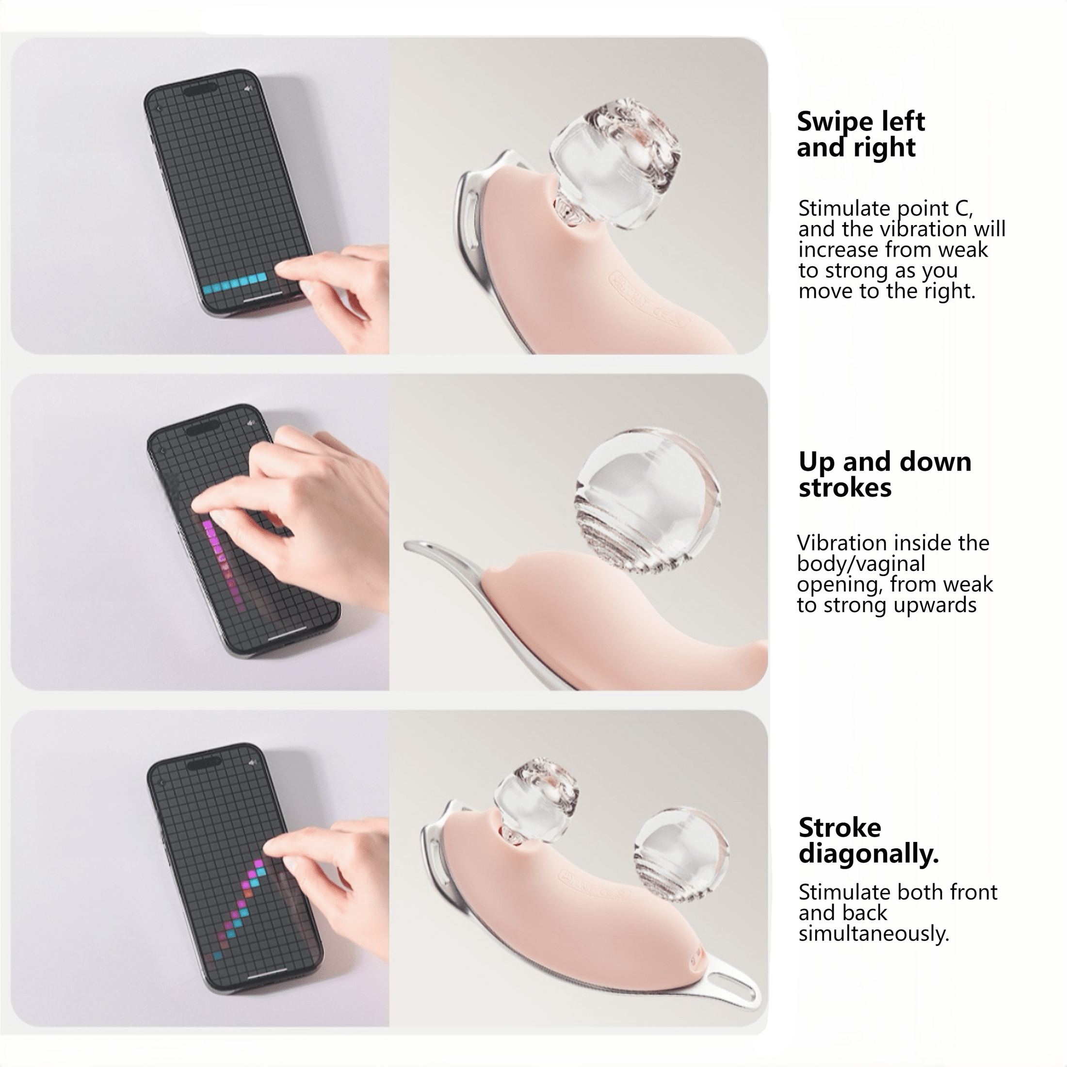 App-enabled Bluetooth connection supports 7-10 meters of remote control, allowing for remote control from anywhere, with a vast selection of waveforms and customizable gameplay.