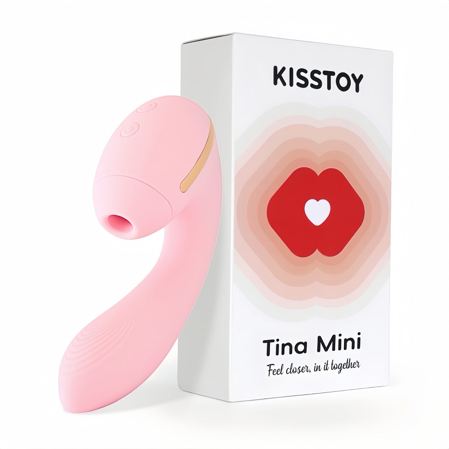 The pink model of the KISSTOY TINA MINI dual-point stimulation sucking vibrator toy is on display. It weighs approximately 156g, is magnetically rechargeable, and is washable.