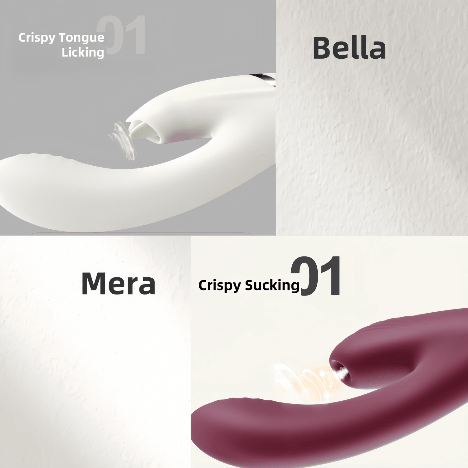 A comparison of Mera and Bella features, demonstrating the differences in sucking and licking techniques.