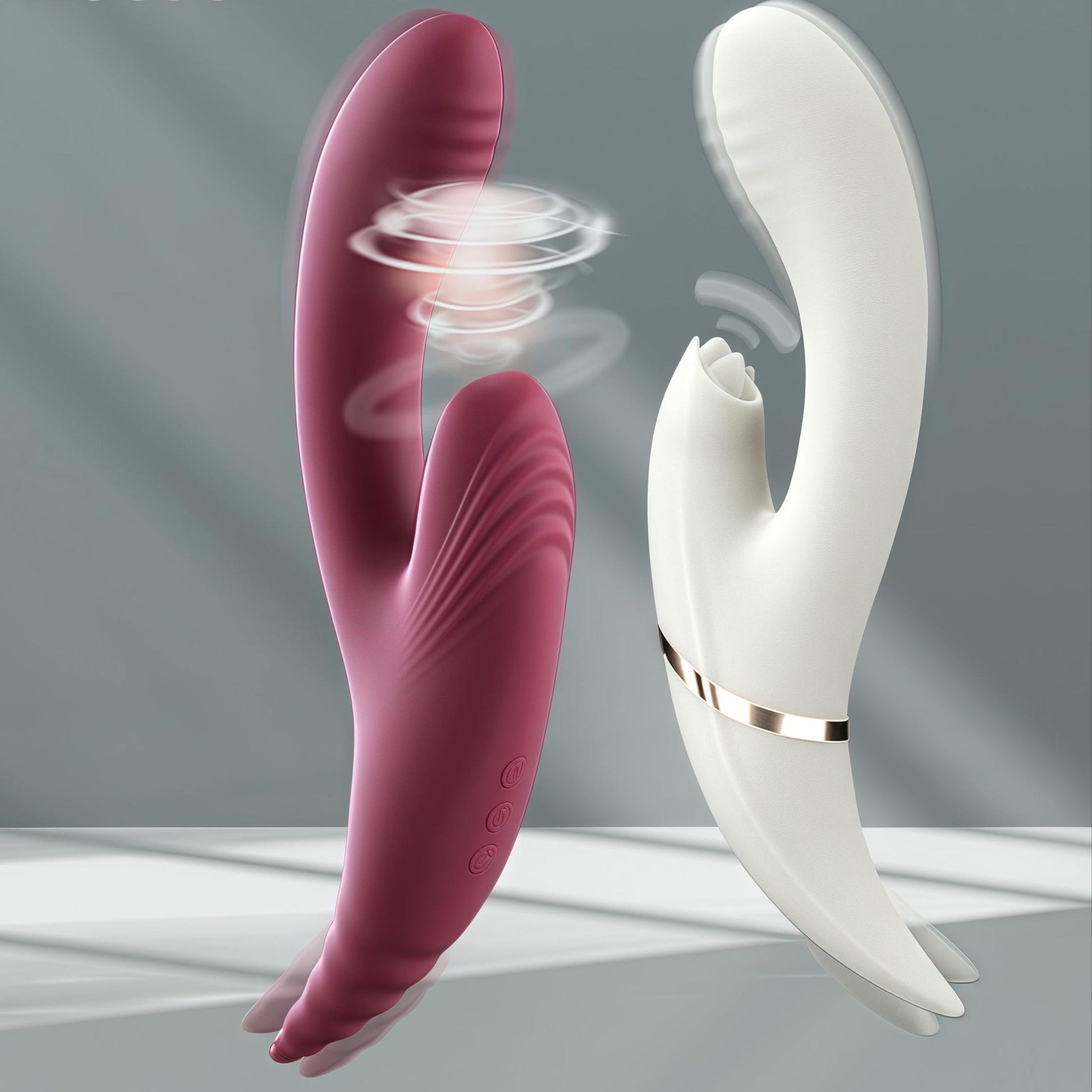 The deep red version is on display, featuring a streamlined 228×38mm body and a comfortable 211.5g weight. The dark green version features a double-layer liquid silicone surface that feels as smooth as real skin.