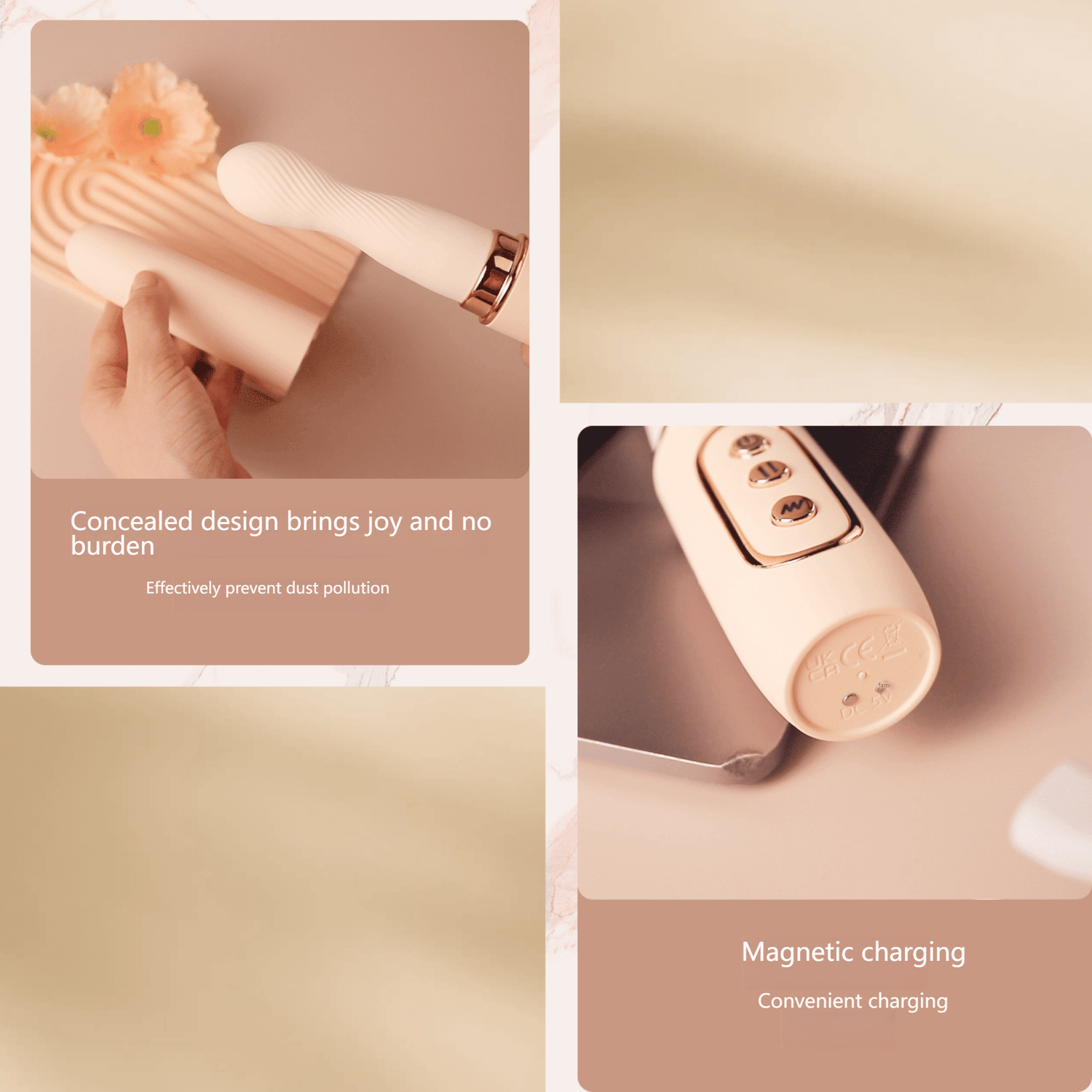 The Meesemeese mini-thrustier vibrator has an apricot pink exterior and a miniature design, making it 50% smaller than traditional vibrators for greater portability.
