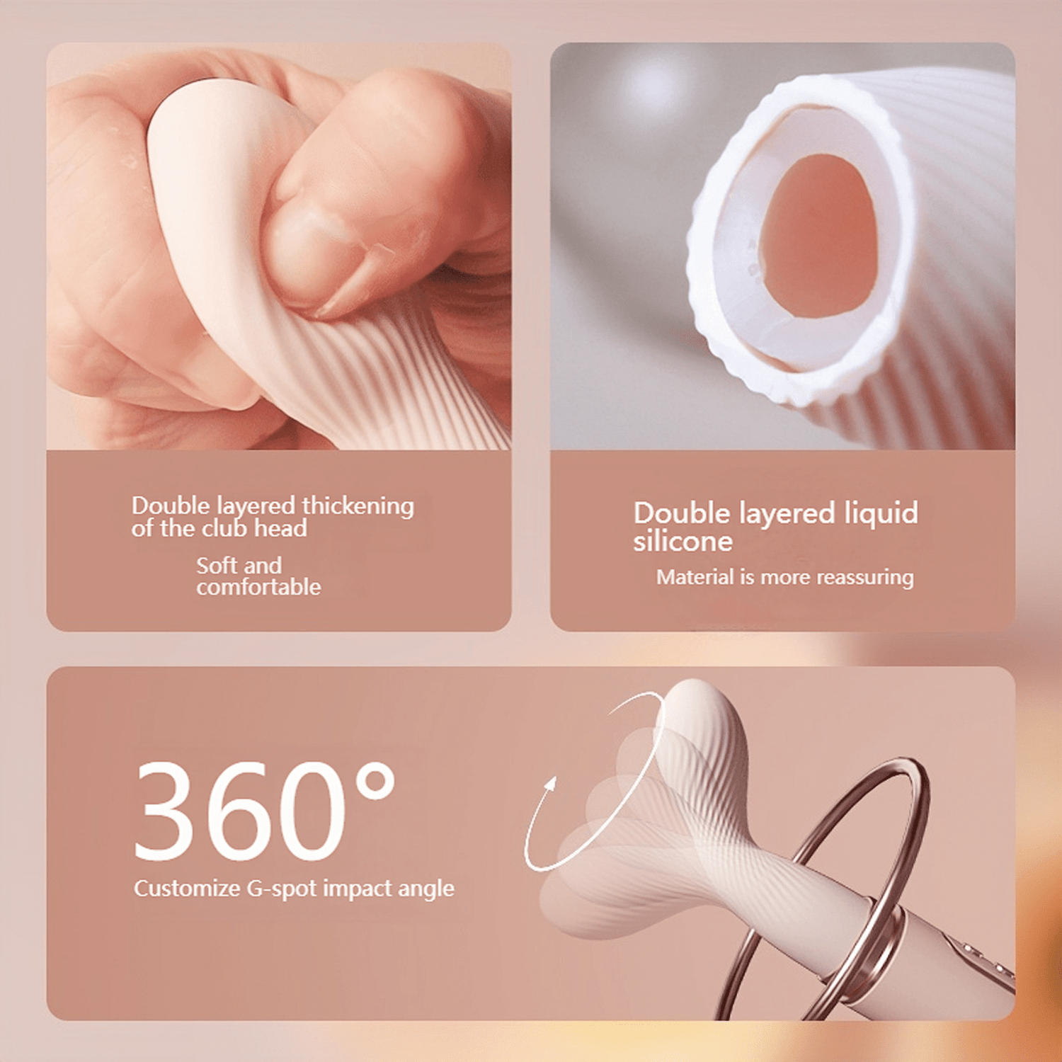 Close-up of the double-layer liquid silicone material, with a springy feel that replicates real skin, providing comfortable and non-irritating insertion. 360° bending angle adjustment demonstration, allowing for customizable bending angles for precise G-spot stimulation.
