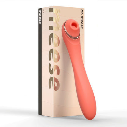 Meese Tera Suction Vibrator (red color display) features food-grade silicone contact areas and a compact size of 206 x 40 x 37mm.