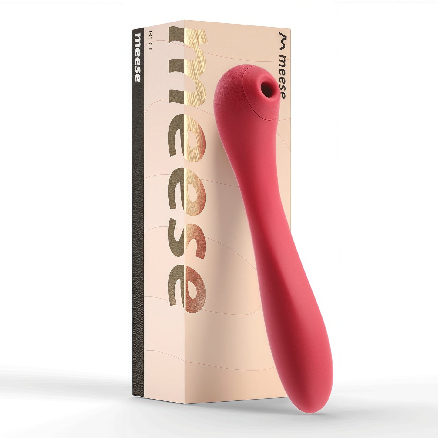 Meese Tera Suction Vibrator (red color display) features food-grade silicone contact areas and a compact size of 206 x 40 x 37mm.