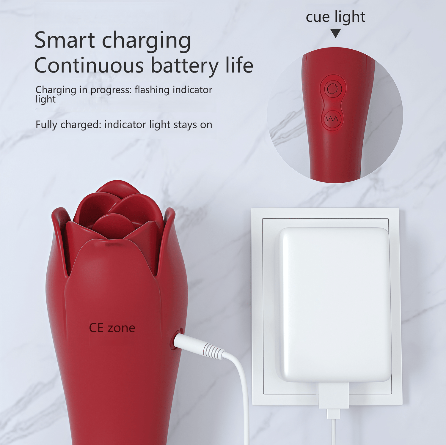 Close-up of the intelligent charging indicator, displaying red and green status, allowing for real-time battery status monitoring.
