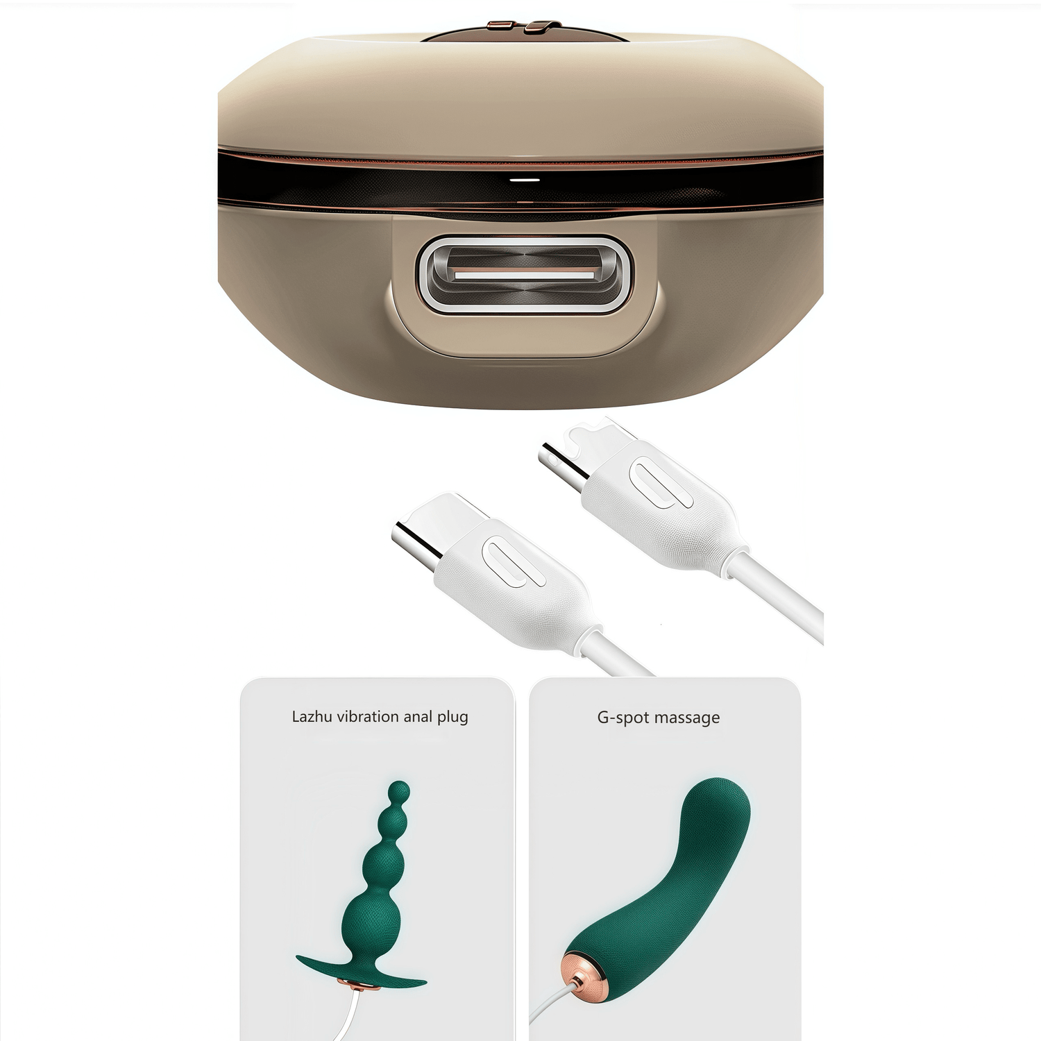 Accessory linkage allows for connection to anal plugs, G-spot vibrators, and other devices for expanded playtime.