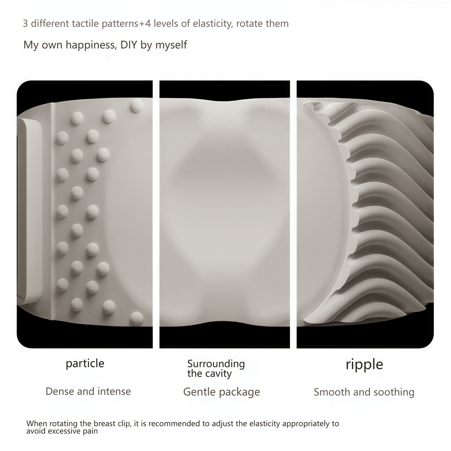 Three contrasting tactile textures: intense stimulation from the granular texture, gentle wrapping around the cavity, and smooth, soothing ripples.