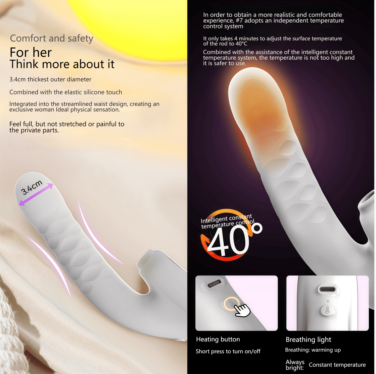 42°C intelligent constant temperature system in operation, rapidly heating up and maintaining the temperature within 4 minutes, eliminating the cold sensation.
