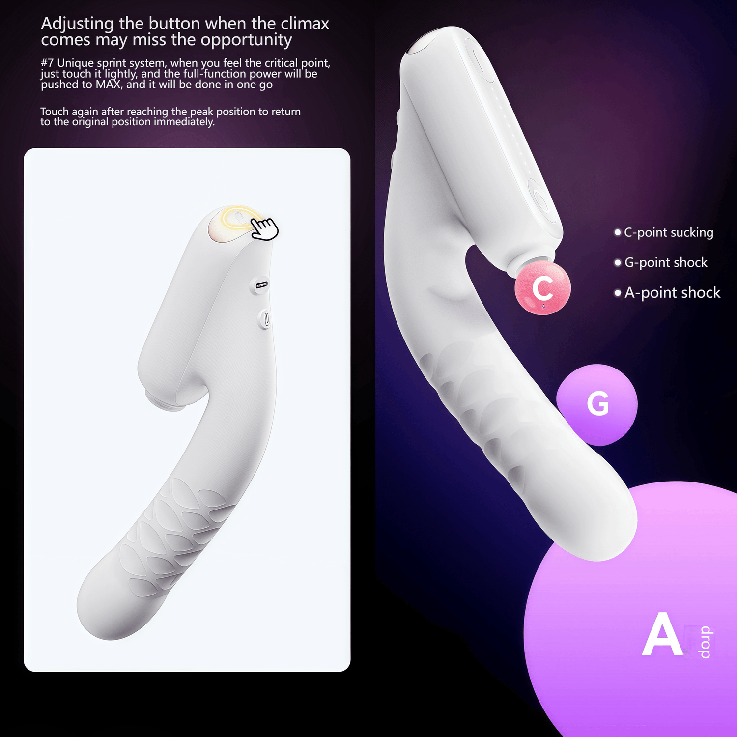 Diagram showing the coordinated stimulation of C-spot suction, G-spot pulse vibration (8000 strokes/minute), and A-spot stimulation, achieving multiple climaxes.