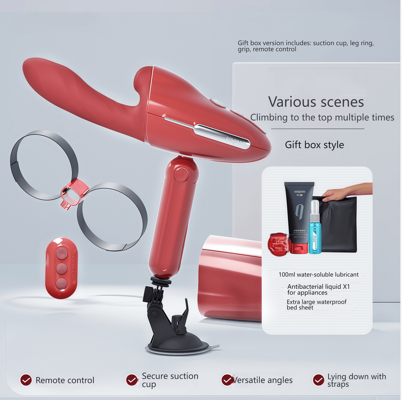 The Qingnan No9 Deluxe Vibrator Set includes a suction cup, dedicated handle, and a complete set of accessories, offering a wide range of usage options.