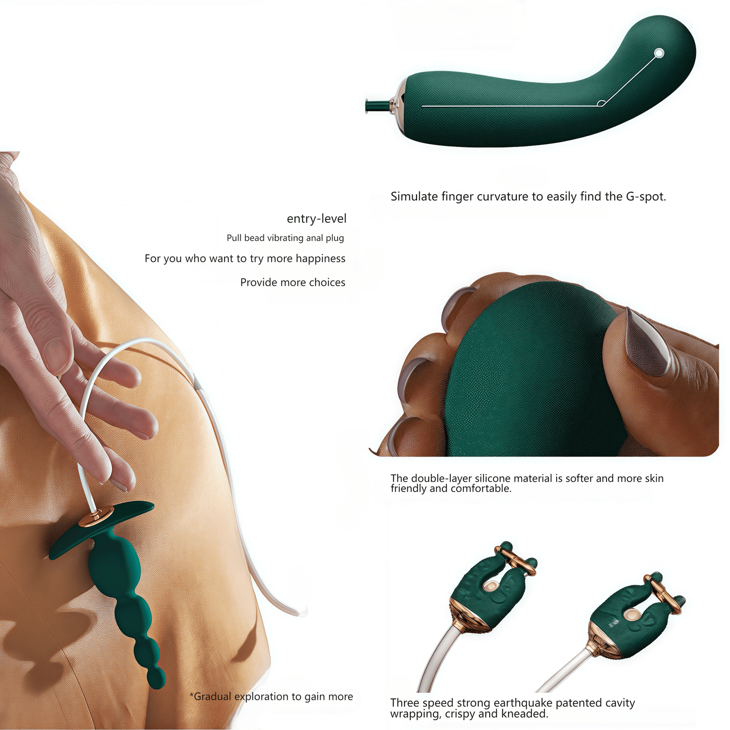 Close-up of the G-spot stimulator, featuring an ergonomic 65° arc and double-layer silicone wrap for a deep fit around the G-spot area.