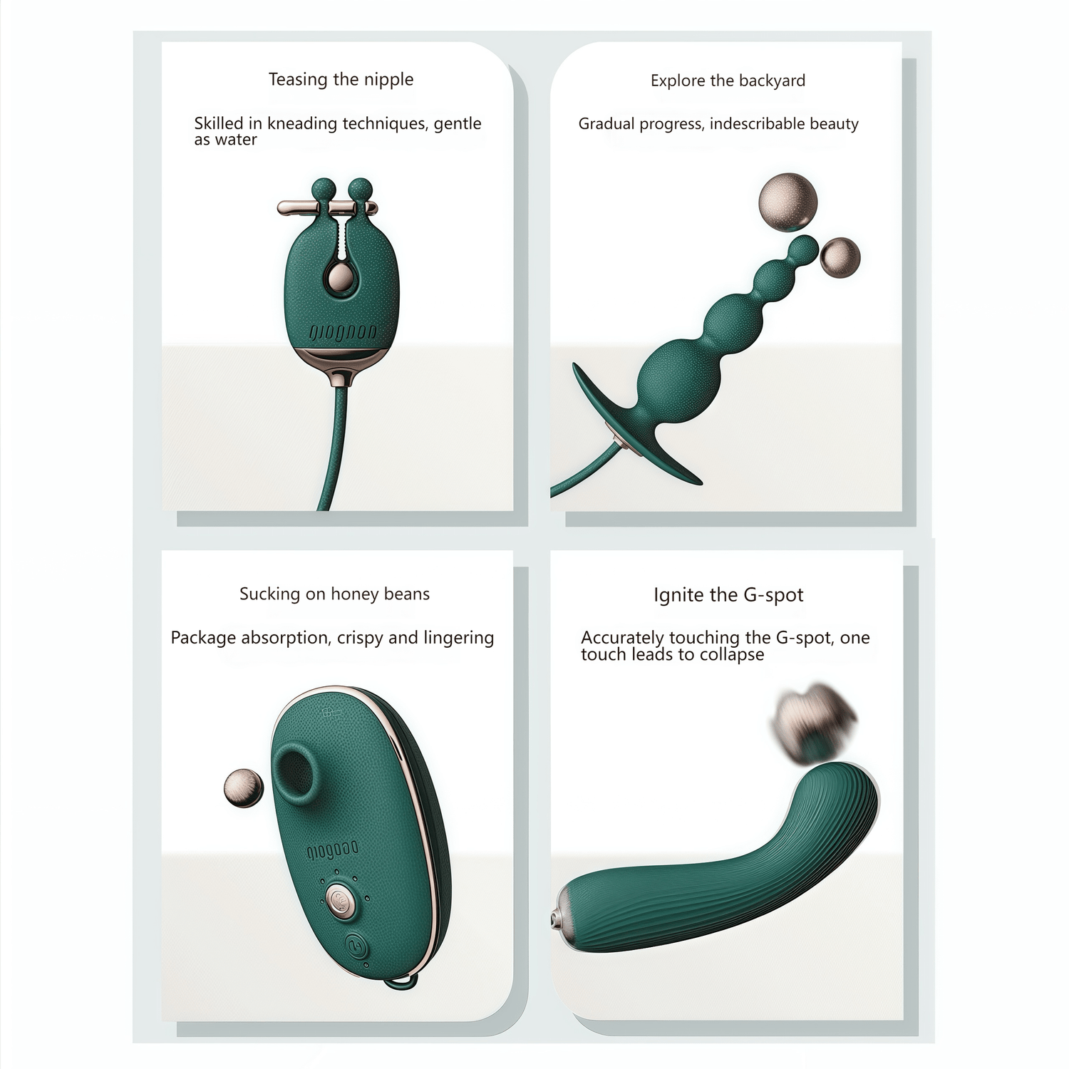 A full view of the Qingnan 4-in-1 training kit gift box, including a suction device (for C-spot stimulation), a G-spot wand, nipple clamps, and anal massager, meeting all your needs with one device.