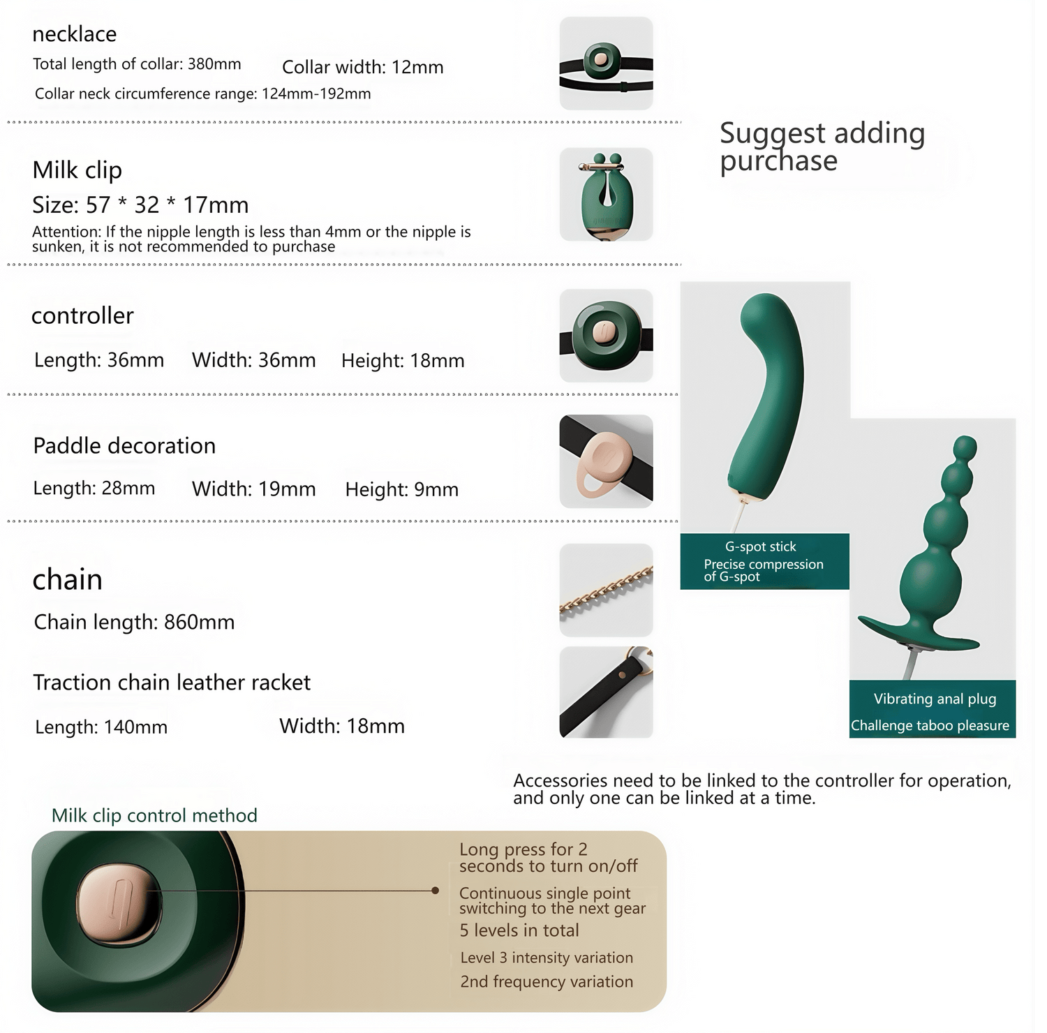 A panoramic view of the Qingnan vibrating nipple clamp collar kit, including the collar, nipple clamps, controller, and decorative paddles.