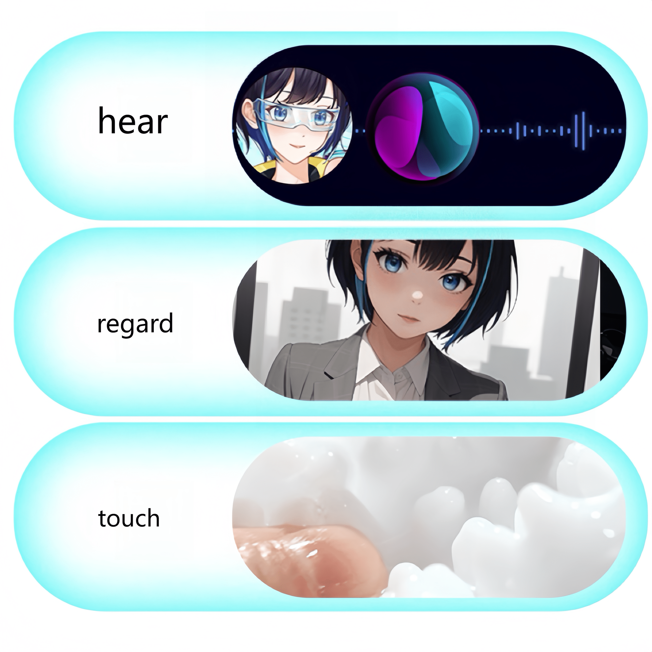 A 3D immersive experience, audiovisual and tactile integration, and real-time response to touch movements.