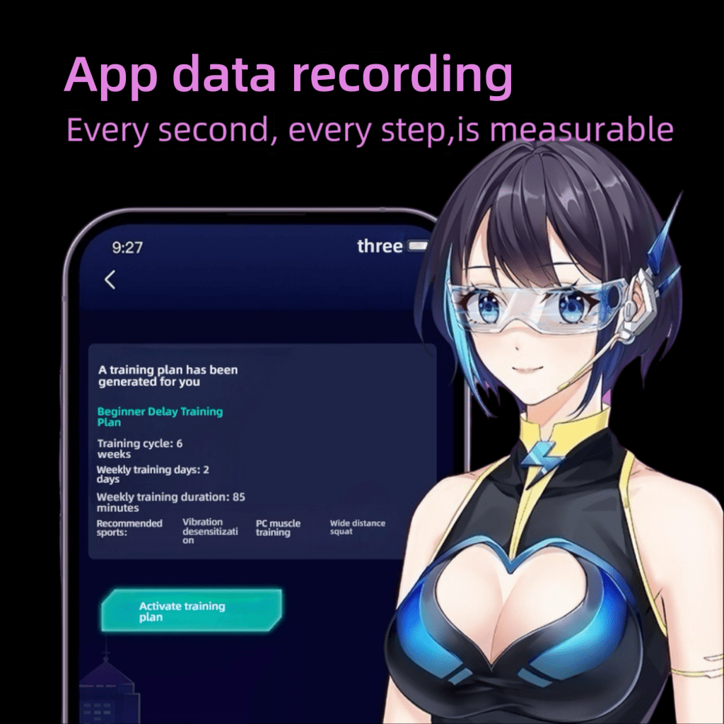 Sync training progress with the app, monitor form and duration in real time, and track data visually.