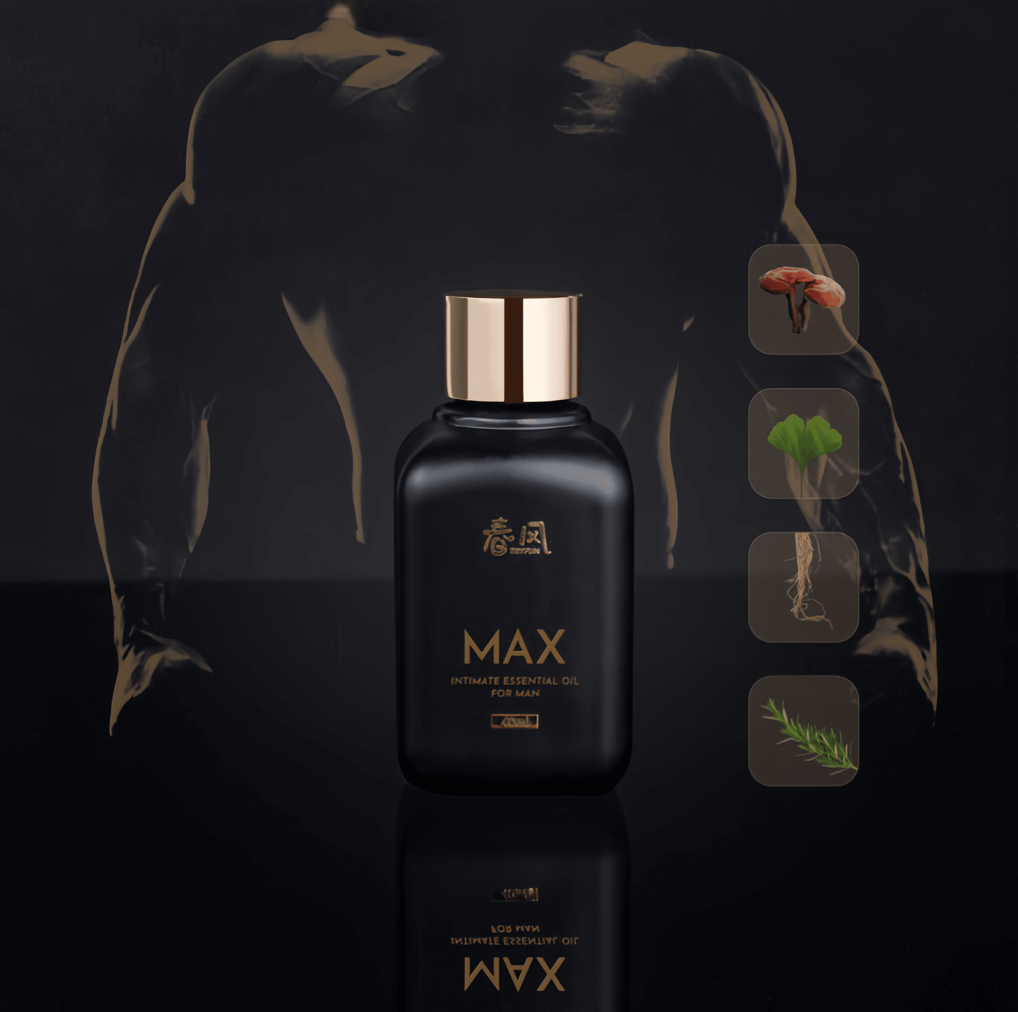 Spring Wind TRYFUN MAX Men's Intimate Massage Oil - A natural plant formula containing extracts from dozens of rare plants, including reishi mushroom, ginkgo biloba, and ginseng root, for gentle nourishment without irritation.