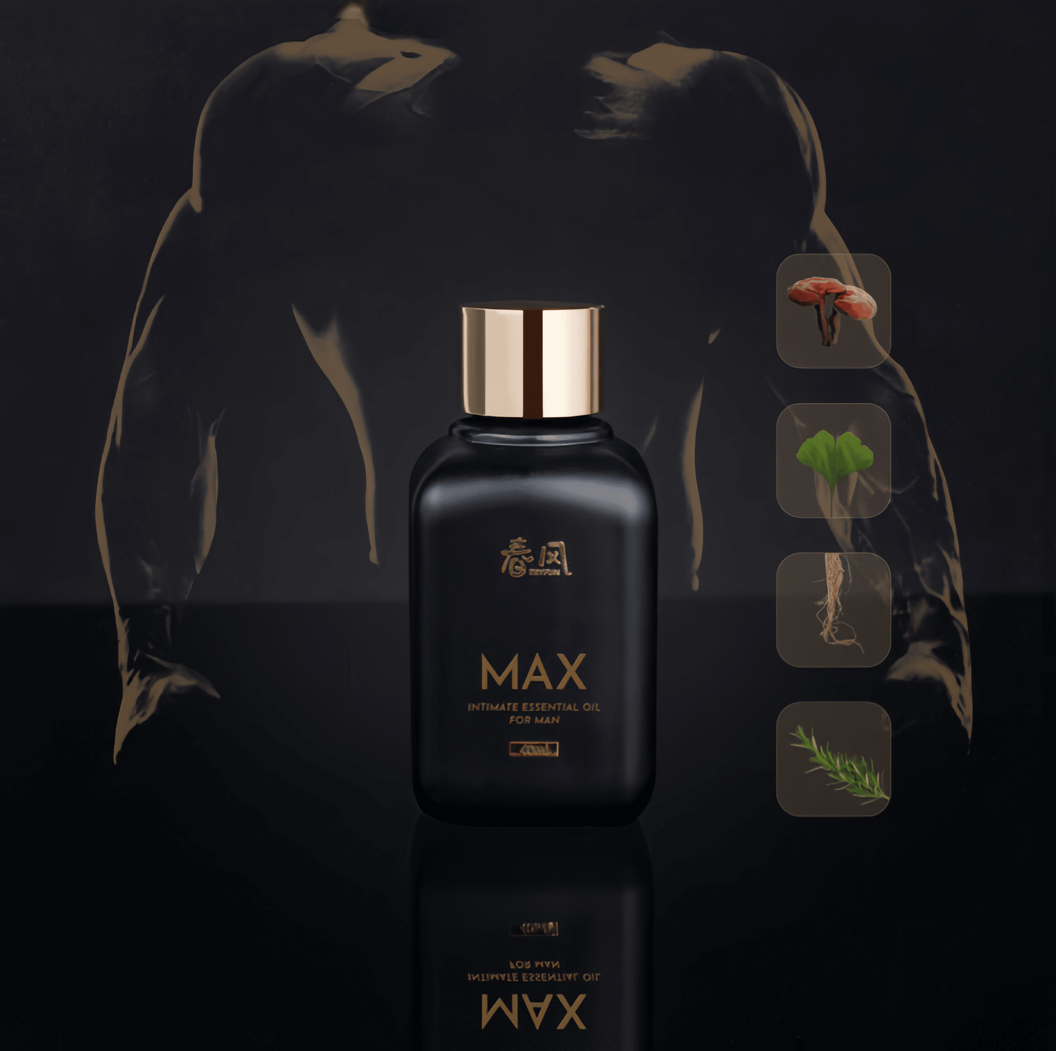 Spring Wind TRYFUN MAX Men's Intimate Massage Oil - A natural plant formula containing extracts from dozens of rare plants, including reishi mushroom, ginkgo biloba, and ginseng root, for gentle nourishment without irritation.