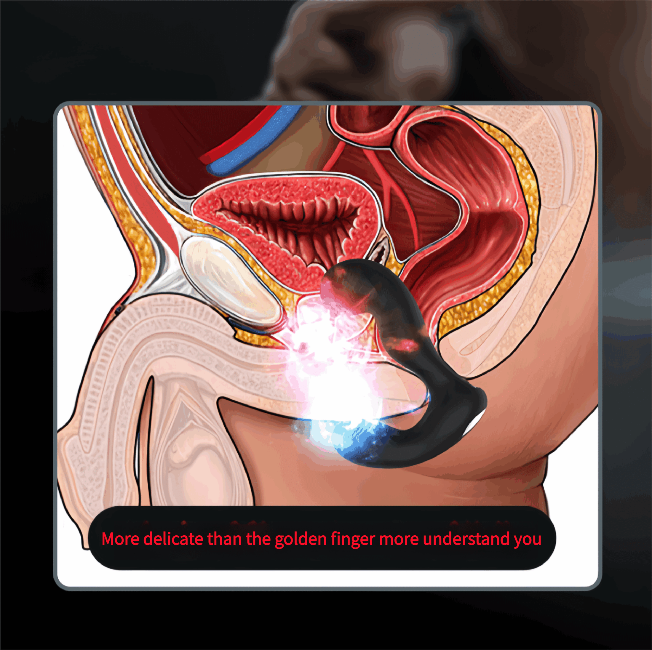 A close-up of its ergonomic shape: a narrow base to protect the sphincter, and a curved tip to directly contact the perineum, adapting to male anatomy.