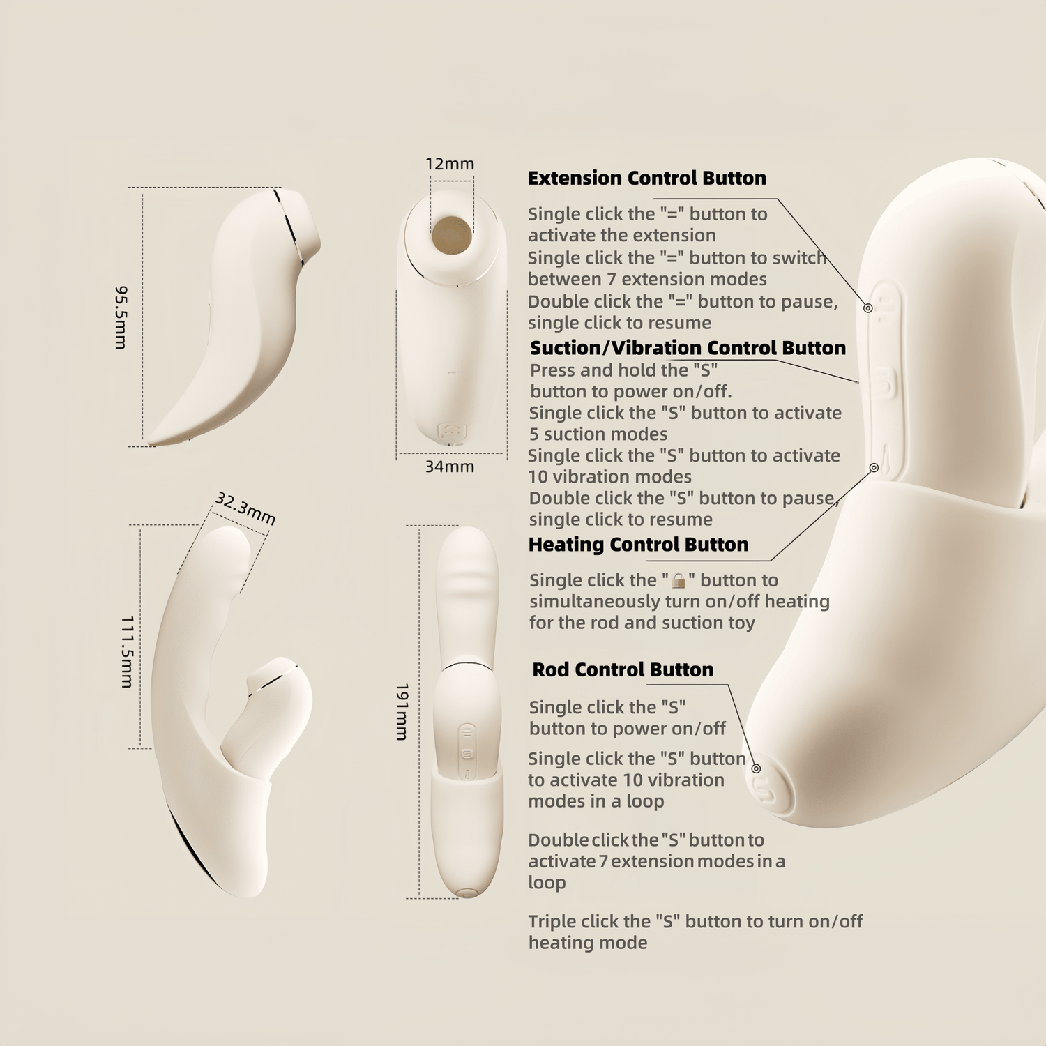 One-touch physical button operation: The body controls vibration/retraction/heating, while the mouthpiece has an independent on/off function and mode selection.