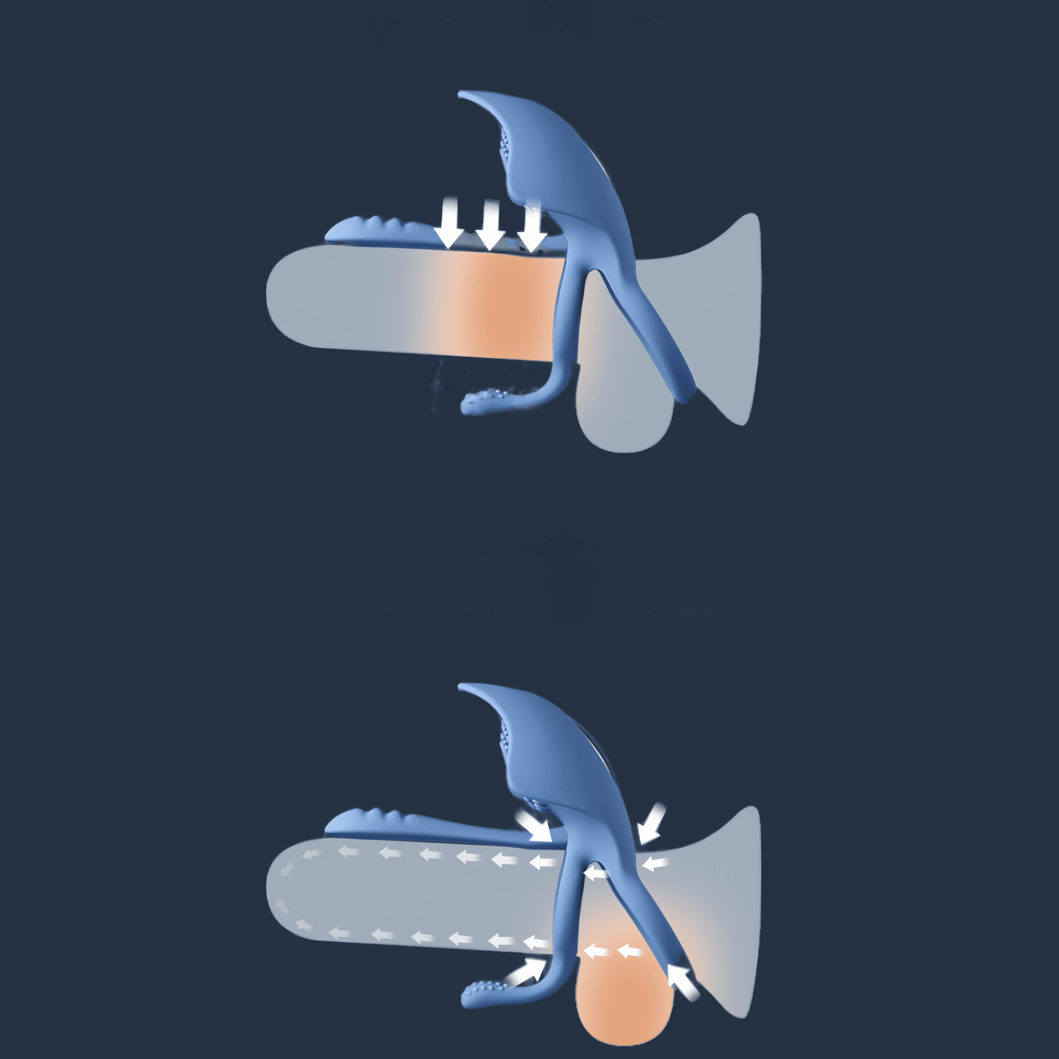Double-locking technology diagram: One lock on the penis reduces sensitivity and prolongs intercourse, while the other locks on the testicles, reducing congestion and maintaining firmness.
