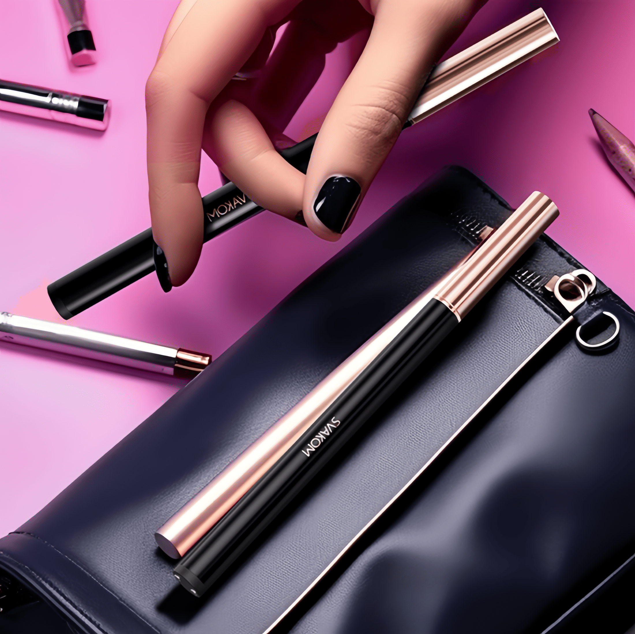 The product sits in a makeup bag alongside other lipsticks and eyeliners, showcasing its seamless camouflage.