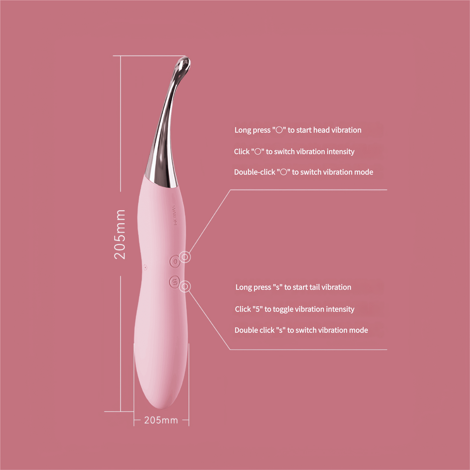 Independent button control interface: long-press the "○" button to control the head, long-press the "S" button to control the tail. Single-click to adjust intensity, double-click to change modes.