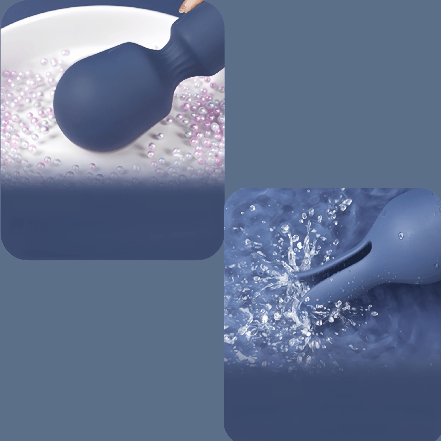 Interchangeable head accessories on display, including a spherical (face-covering) and a duckbill (point-focusing) head, expanding playability.